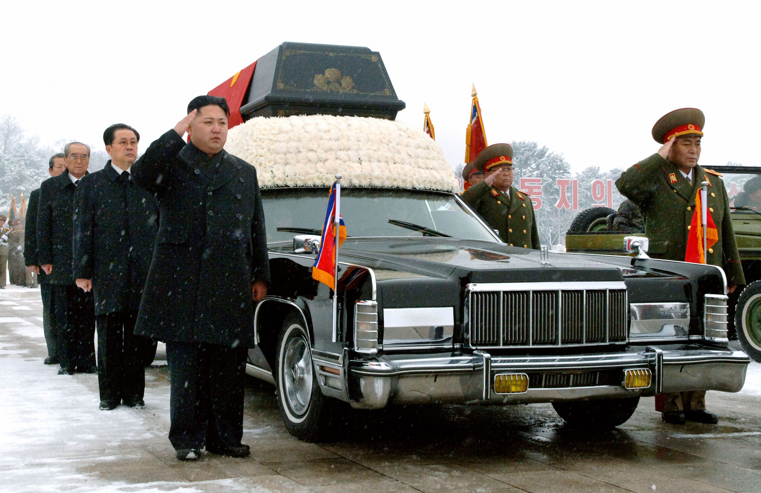Kim Jong Un (L front), son of the late North Korean leader Kim Jong Il and his successor, salutes beside the hearse carrying the coffin of the elder Kim in Pyongyang on December 28, 2011. 