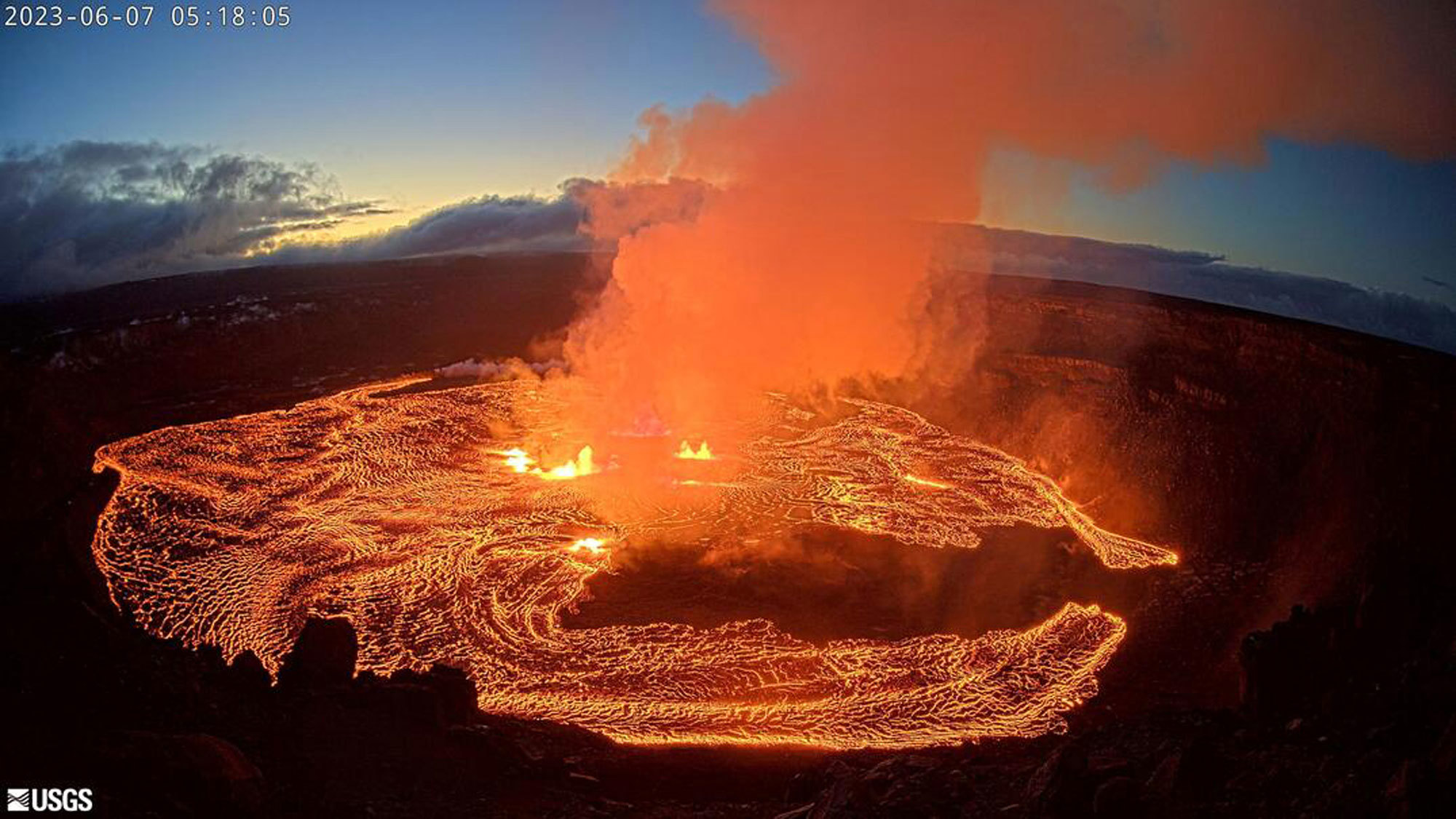 A webcam image showing the June 2023 eruption of the Kilauea volcano.