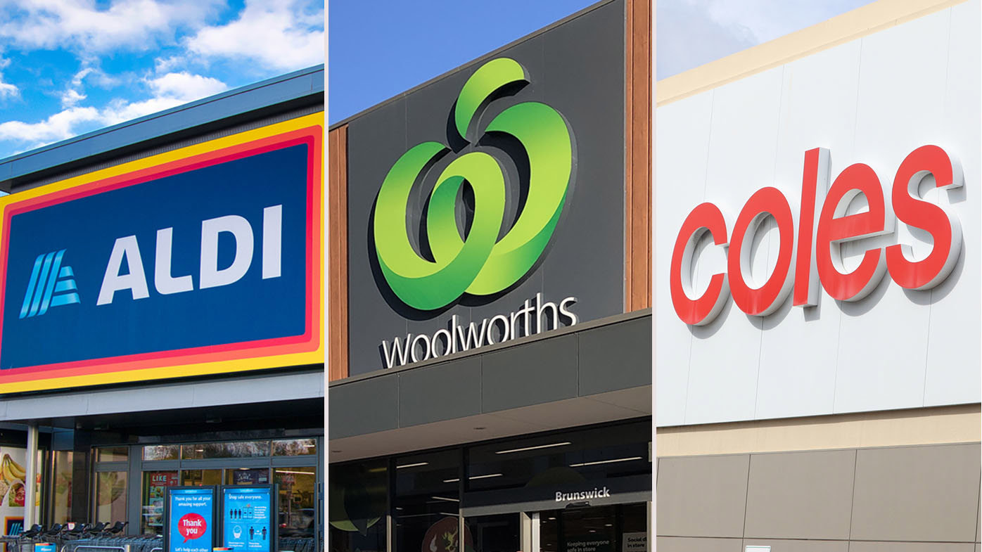 Aldi, Woolworths and Coles supermarket signs