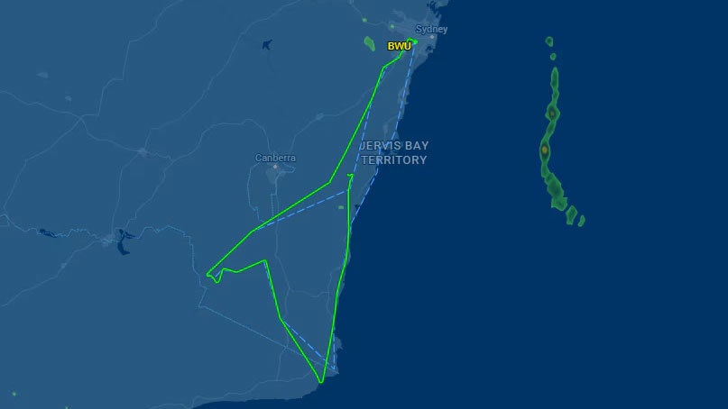 This map shows the plane's flight path before it crashed north of Batemans Bay. 
