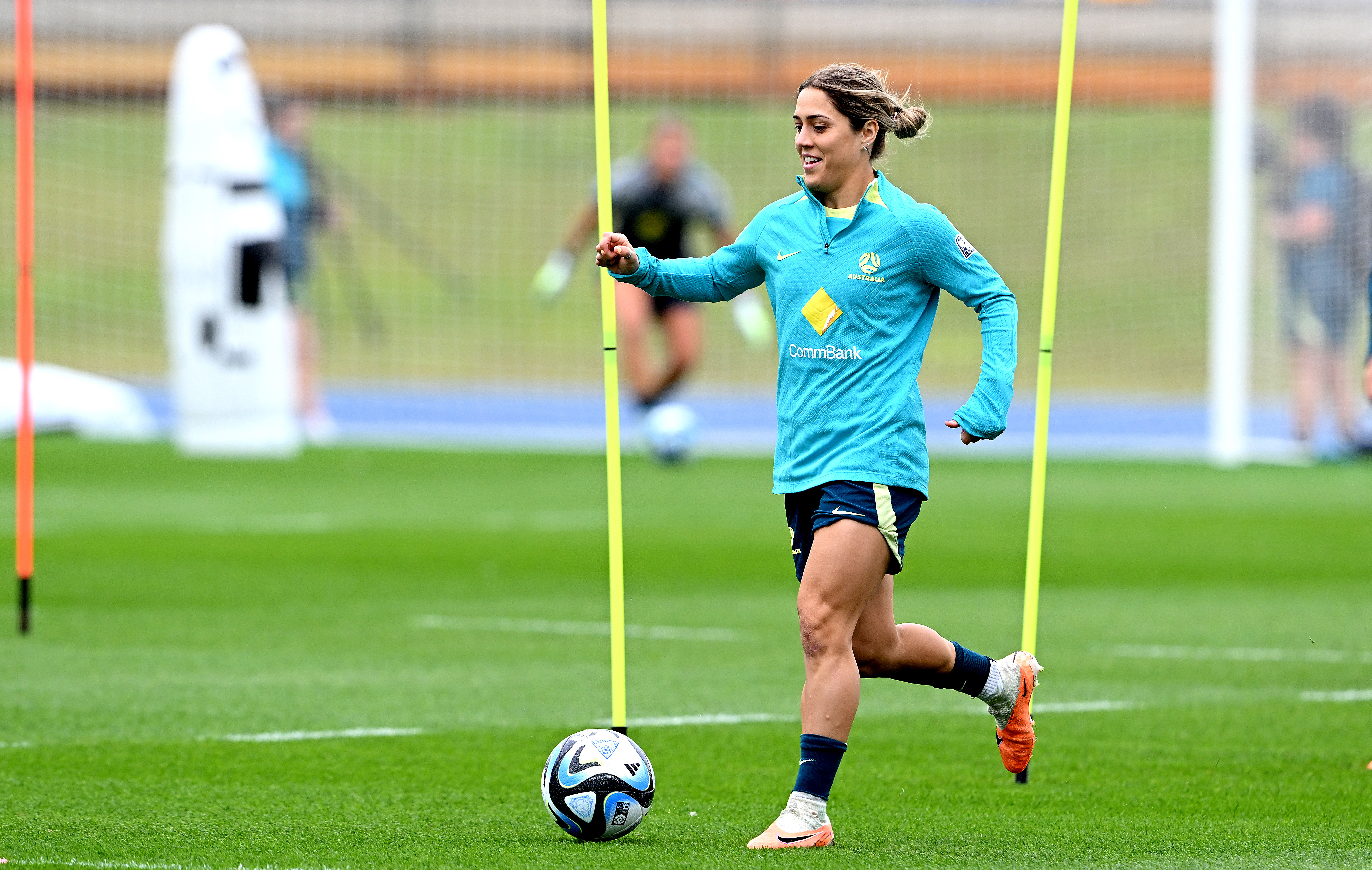 BRISBANE, AUSTRALIA - JULY 24: Katrina Gorry in action during an Australia Matildas open training session at the FIFA Women's World Cup Australia & New Zealand 2023 at Queensland Sport and Athletics Centre on July 24, 2023 in Brisbane, Australia. (Photo by Bradley Kanaris/Getty Images)