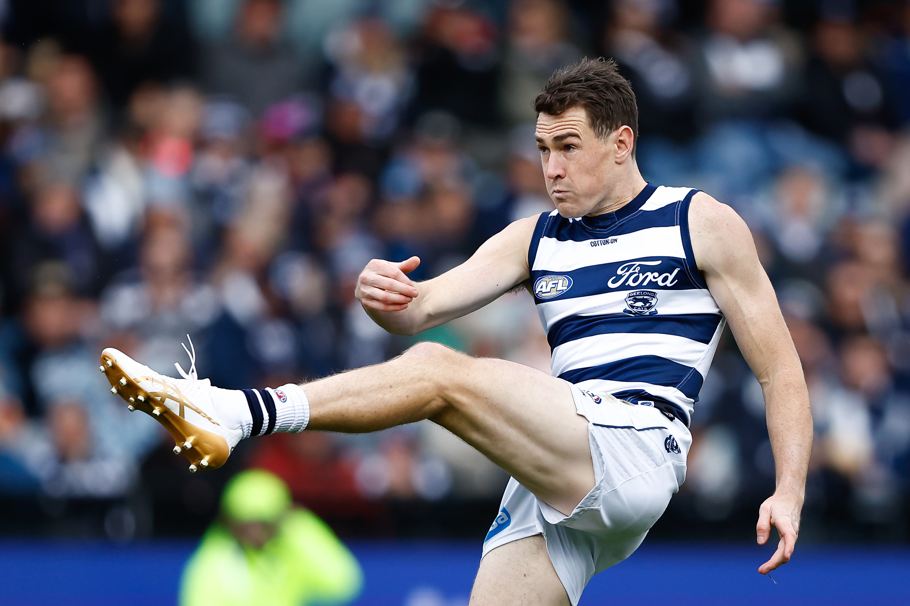 GEELONG, AUSTRALIA - MAY 06: Jeremy Cameron of the Cats in action during the 2023 AFL Round 08 match between the Geelong Cats and the Adelaide Crows at GMHBA Stadium on May 6, 2023 in Geelong, Australia. (Photo by Dylan Burns/AFL Photos)