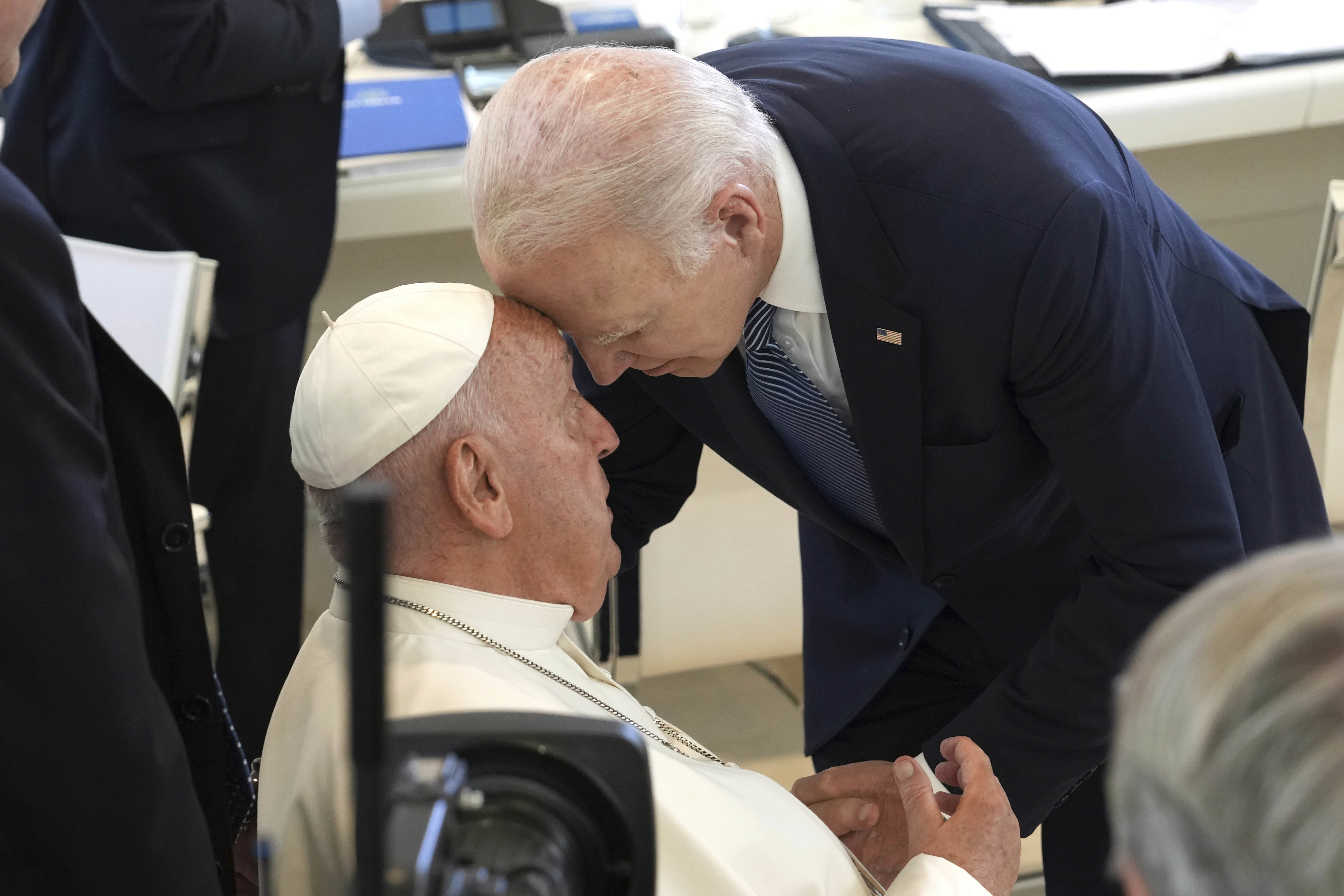 US President Joe Biden greets Pope Francis ahead of a working session on Artificial Intelligence (AI), Energy, Africa-Mediterranean, on day two of the 50th G7 summit at Borgo Egnazia, southern Italy, on Friday, June 14, 2024. 