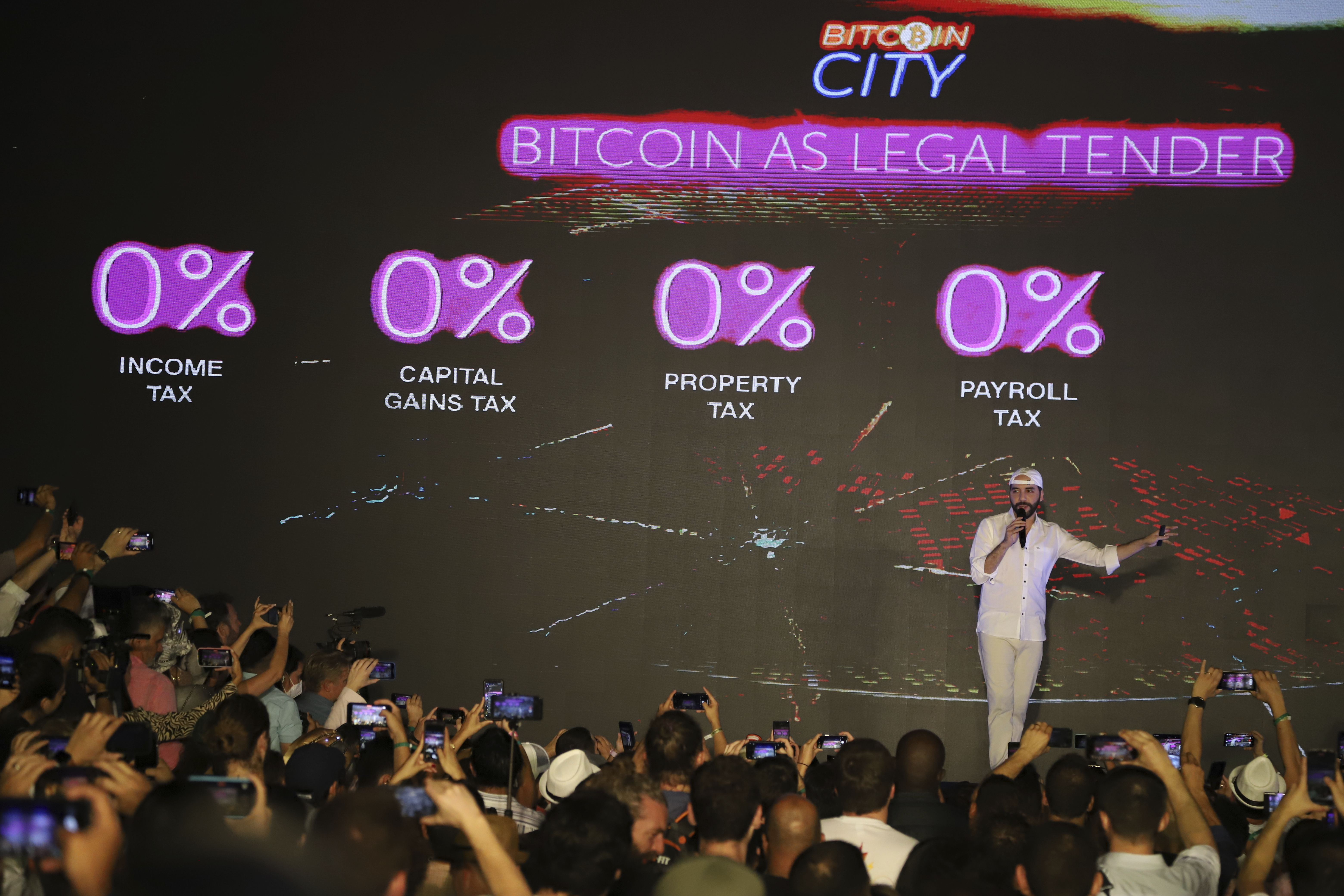 El Salvador's President Nayib Bukele announced during the rock concert-like atmosphere at the gathering that his government will build an ocean-side "Bitcoin City" at the base of a volcano.