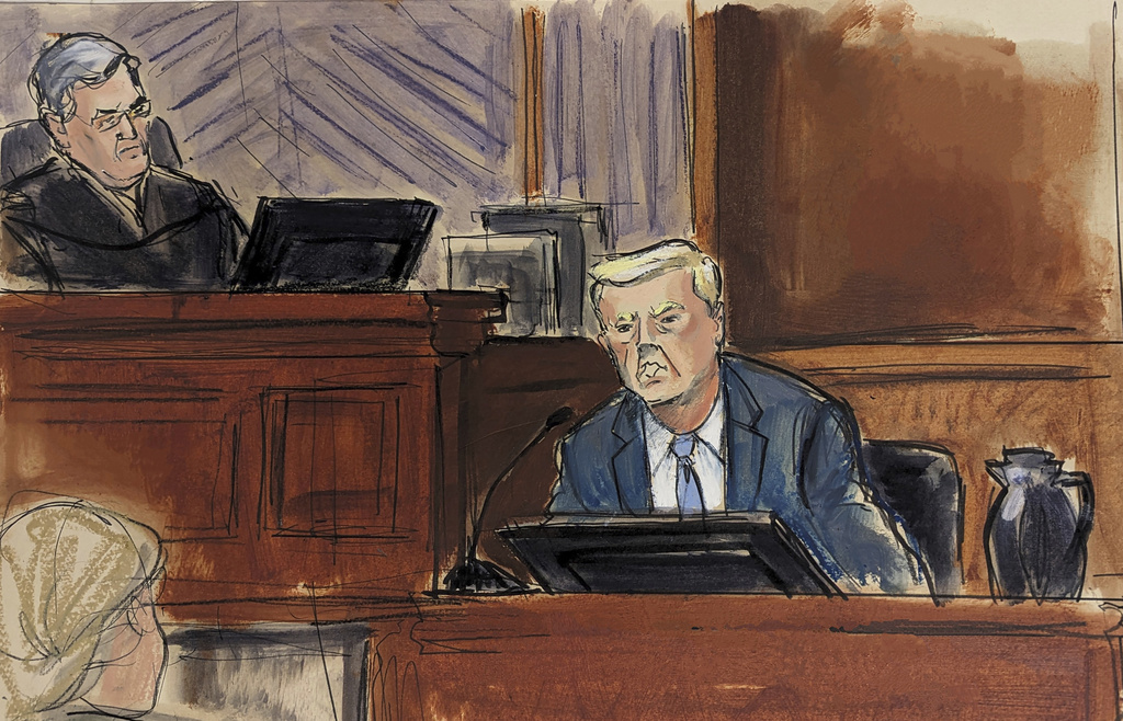 In this courtroom sketch, Thursday, Jan. 25, 2024, Donald Trump, testifies in Federal Court, as Judge Lewis Kaplan, left, listens, in New York