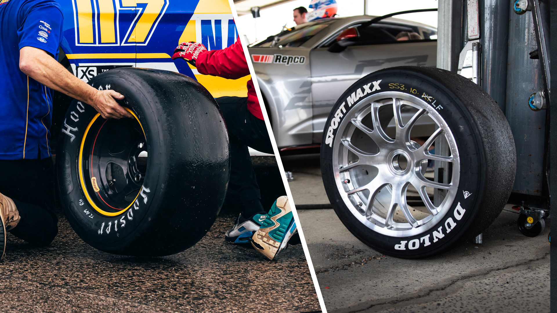A Trans Am wheel and tyre (left) vs a new Supercars wheel and tyre.