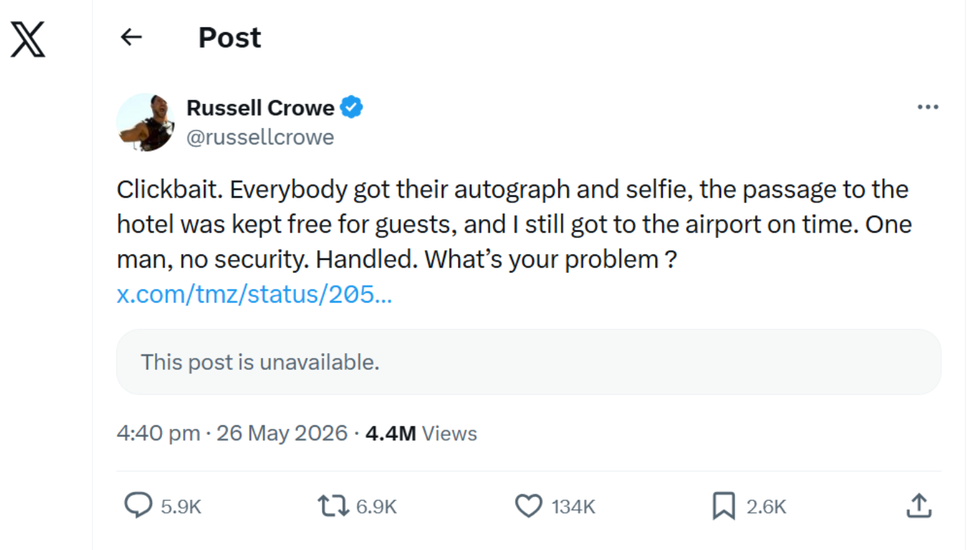 Russell Crowe hits back at viral video of interaction with fans on X, formerly Twitter