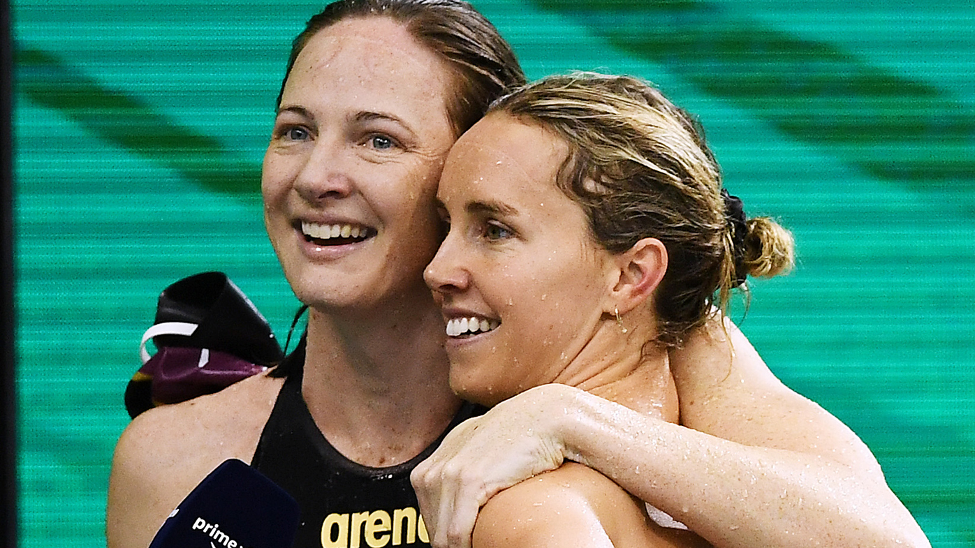 Cate Campbell and Emma McKeon after the Women's 100 metre Freestyle during the Australian National Olympic Swimming Trials