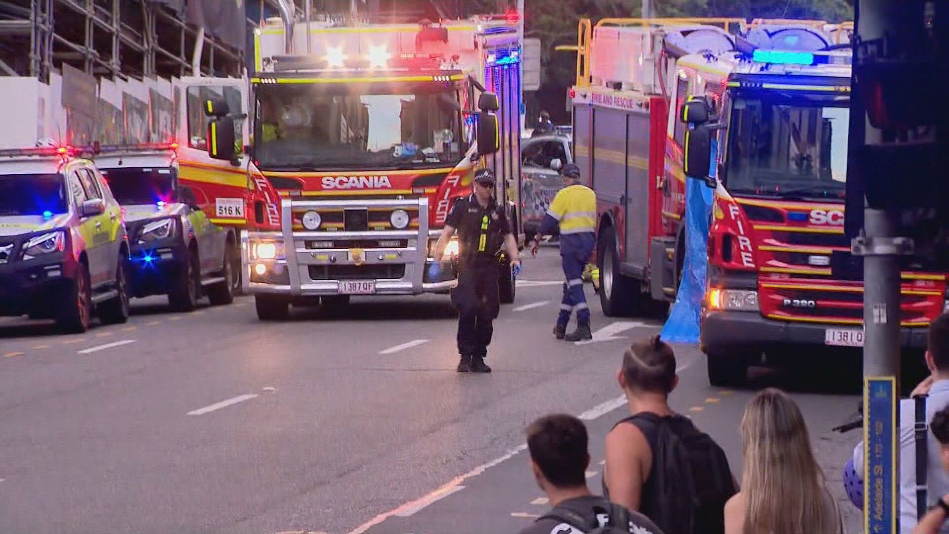 An 18-year-old woman is believed to have died ﻿after being pinned by a bus against a building in a horror crash in Brisbane's CBD. Emergency services rushed to the scene at the corner of Edward Street and Ann Street after the bus mounted a curb just after 5pm.