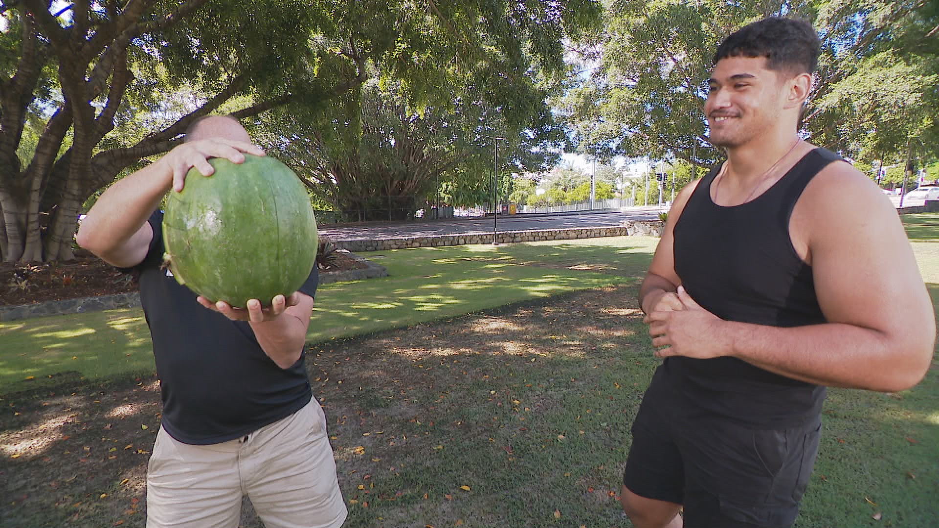 Alex Leapai Jr eyes up the watermelon.