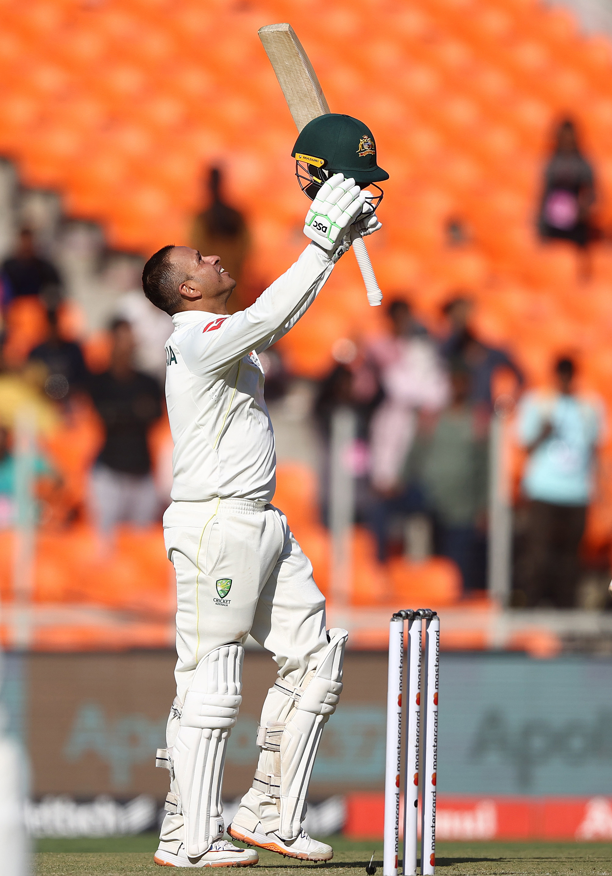 AHMEDABAD, INDIA - MARCH 09: Usman Khawaja of Australia celebrates after scoring his century during day one of the Fourth Test match in the series between India and Australia at Sardar Patel Stadium on March 09, 2023 in Ahmedabad, India. (Photo by Robert Cianflone/Getty Images)