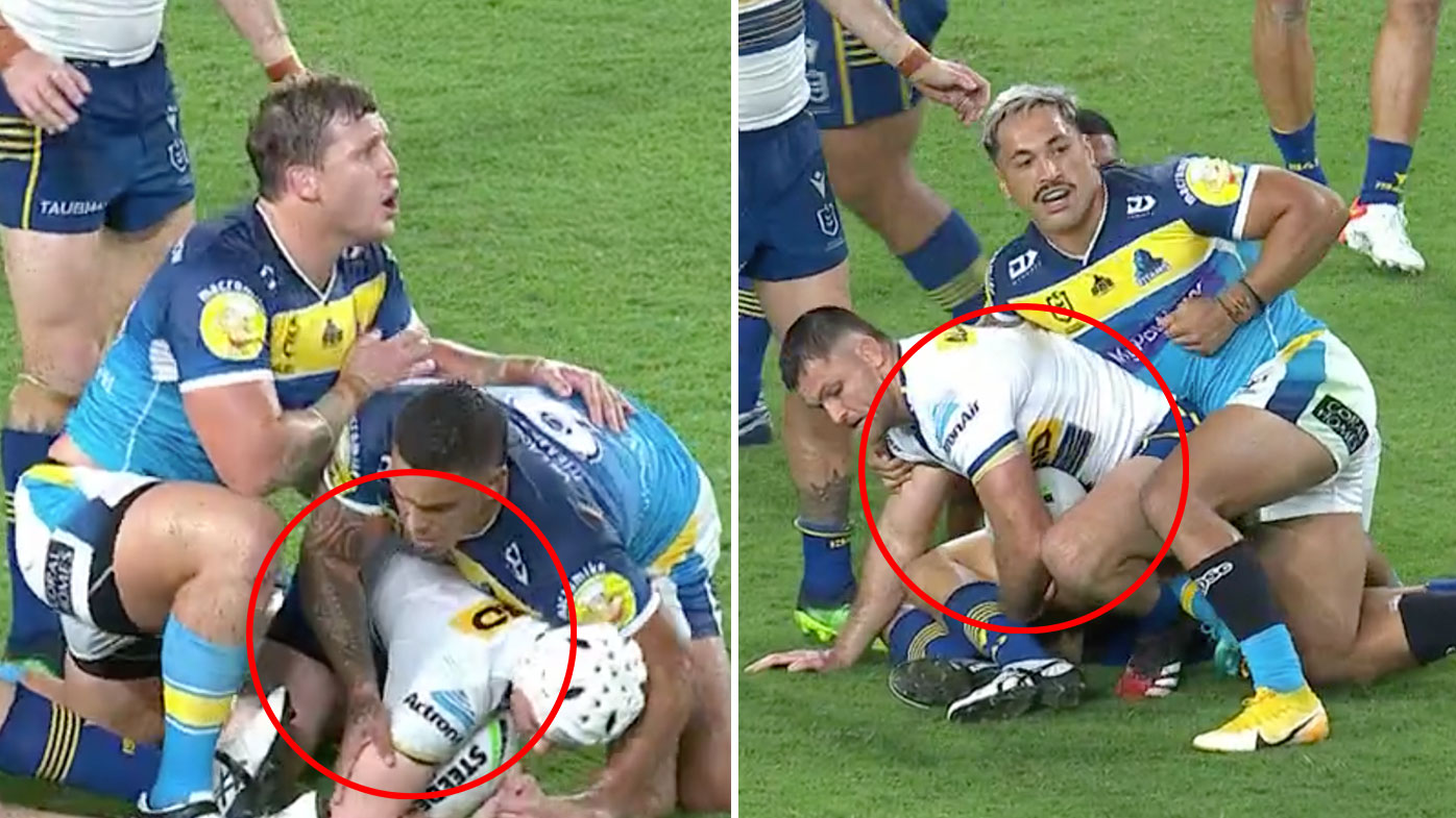 (L-R) Erin Clark and Toby Sexton refuse to let go of Reed Mahoney, Jamayne Isaako and Patrick Herbert do the same to Mitch Rein 