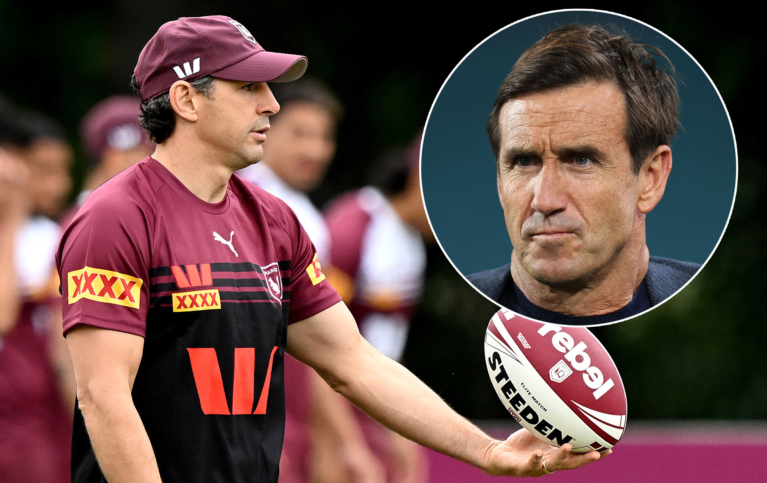 Maroons coach Billy Slater and Blues legend Andrew Johns.