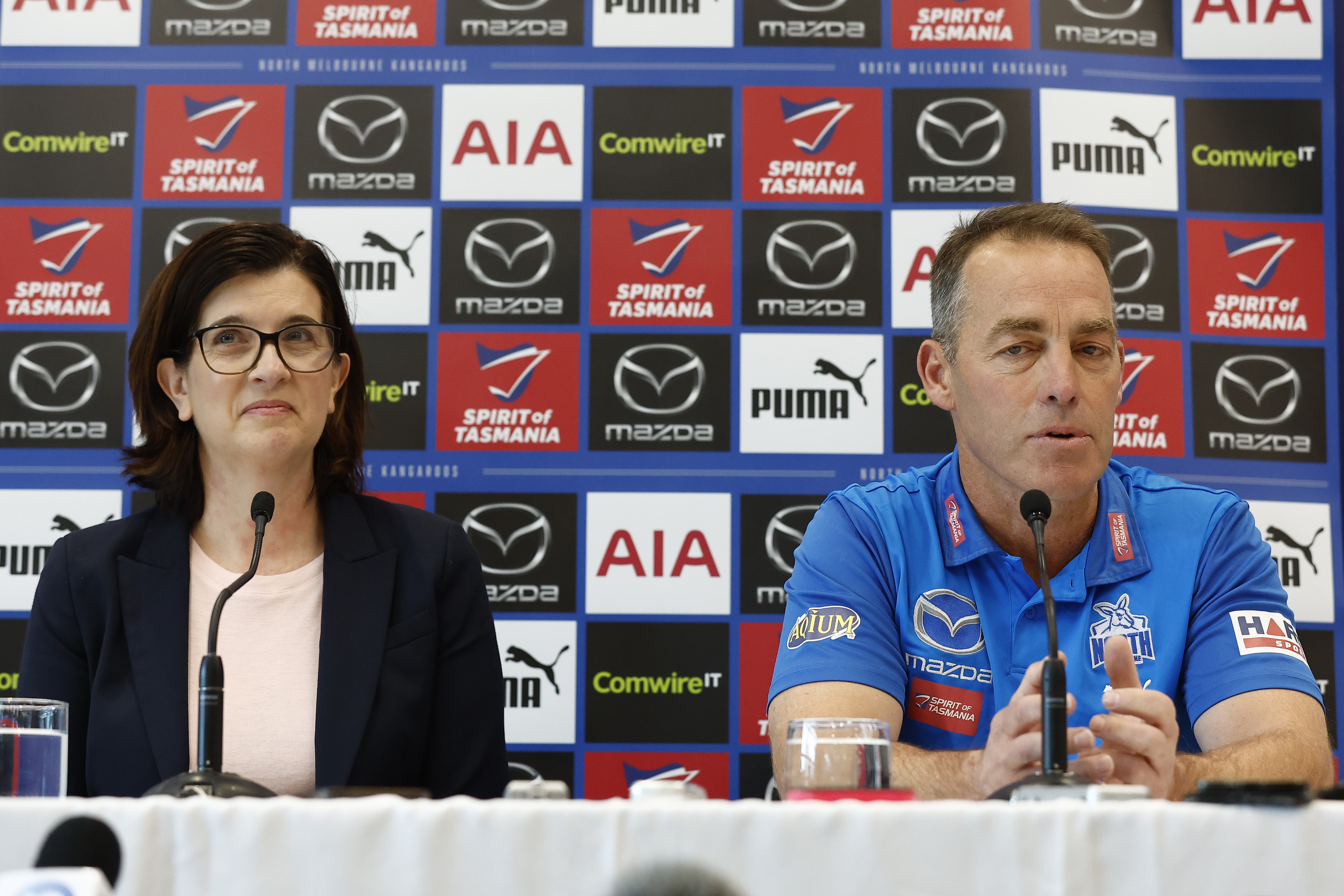 North Melbourne president Sonja Hood and incoming coach Alastair Clarkson address the media.