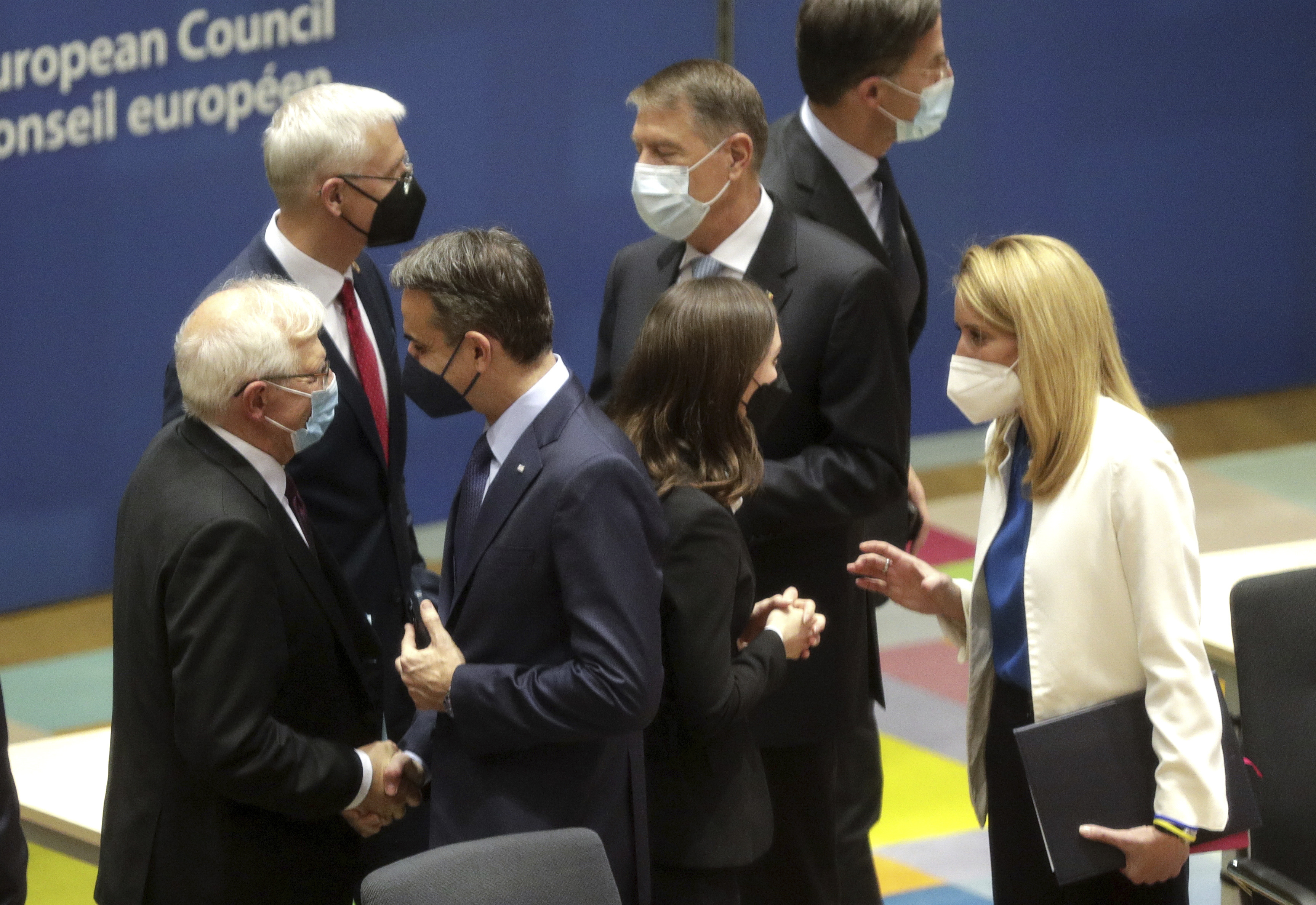 (L-R) European Union foreign policy chief Josep Borrell, Latvia's Prime Minister Krisjanis Karins, Greek Prime Minister Kyriakos Mitsotakis, Finland's Prime Minister Sanna Marin, Romania's President Klaus Werner Ioannis and Dutch Prime Minister Mark Rutte during a round table meeting at an extraordinary EU summit on Ukraine at the European Council building in Brussels, Thursday, Feb 24, 2022.