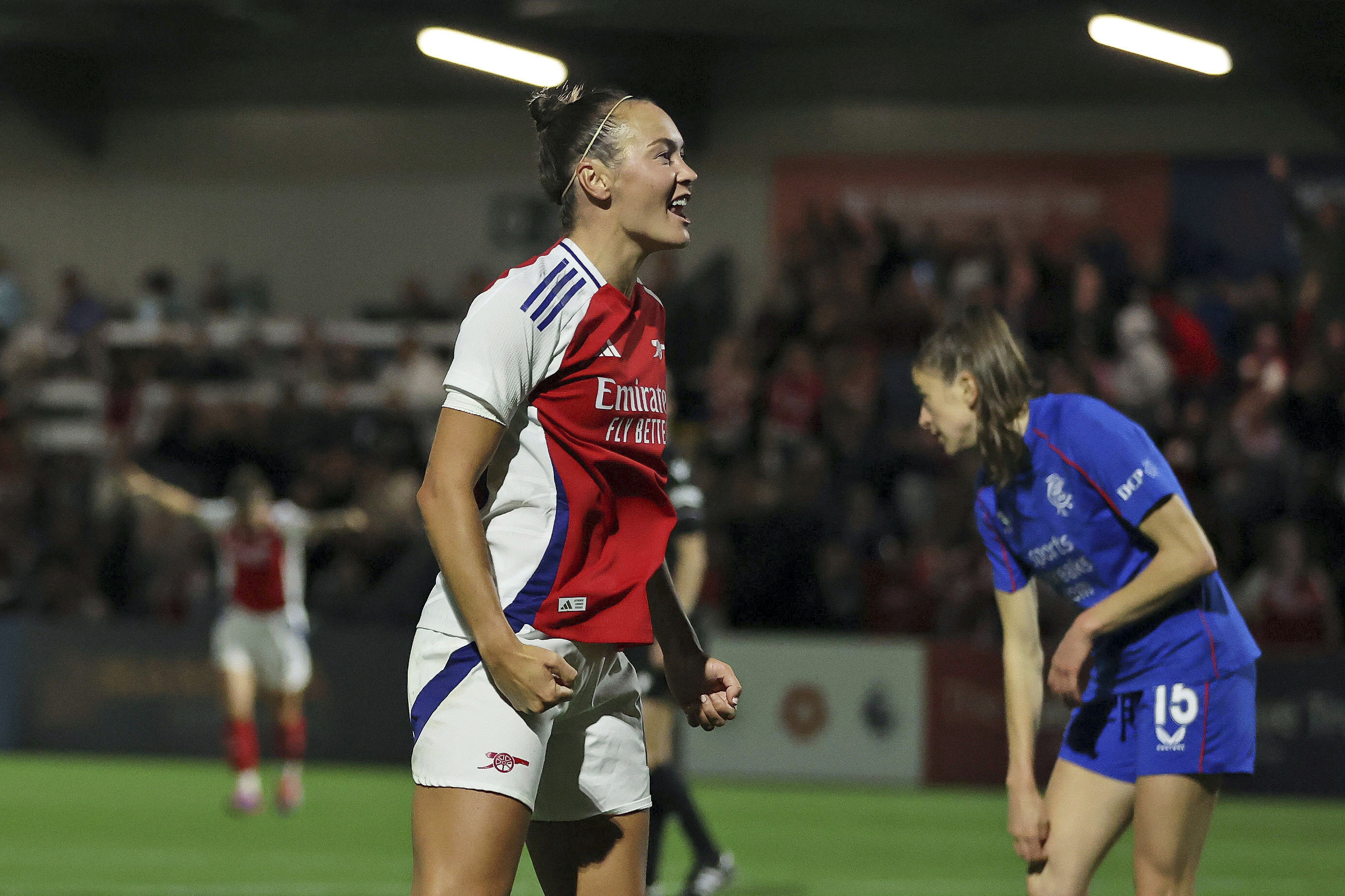 Arsenal's Caitlin Foord celebrates scoring her fourth goal of the game.