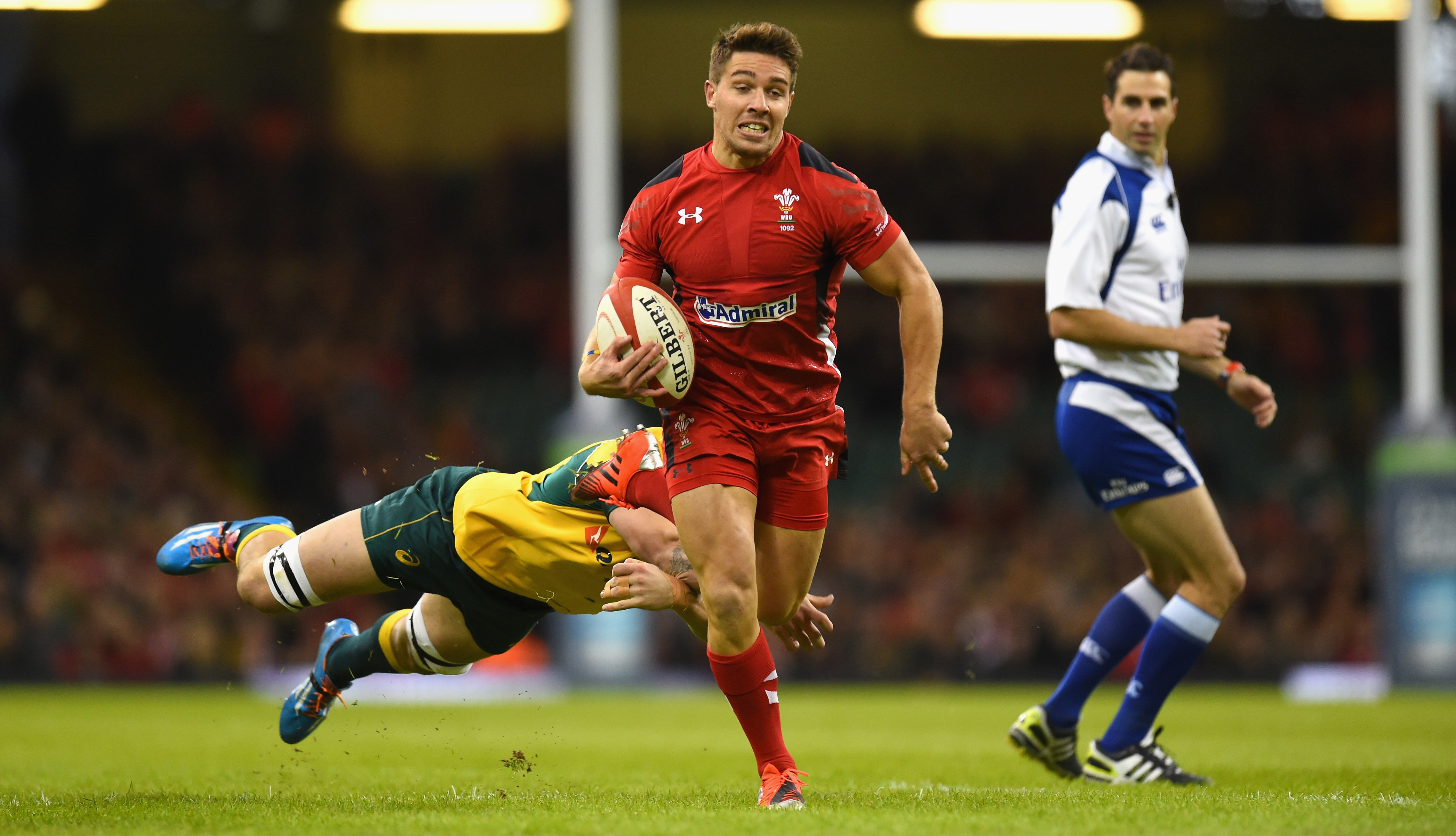 Wales scrumhalf Rhys Webb breaks through to score against Australia at Millennium Stadium.