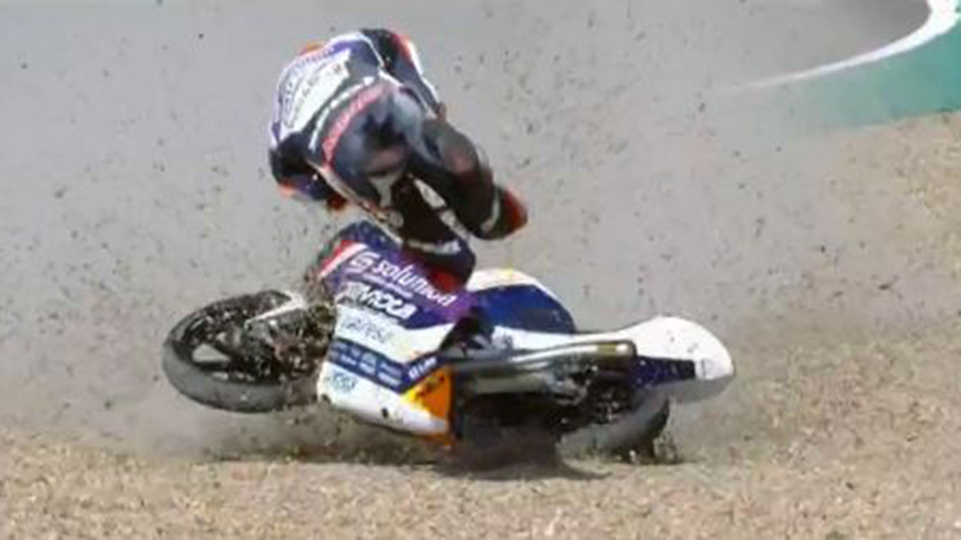 Albert Arenas was taken to the medical centre after this Moto3 crash in Spain.