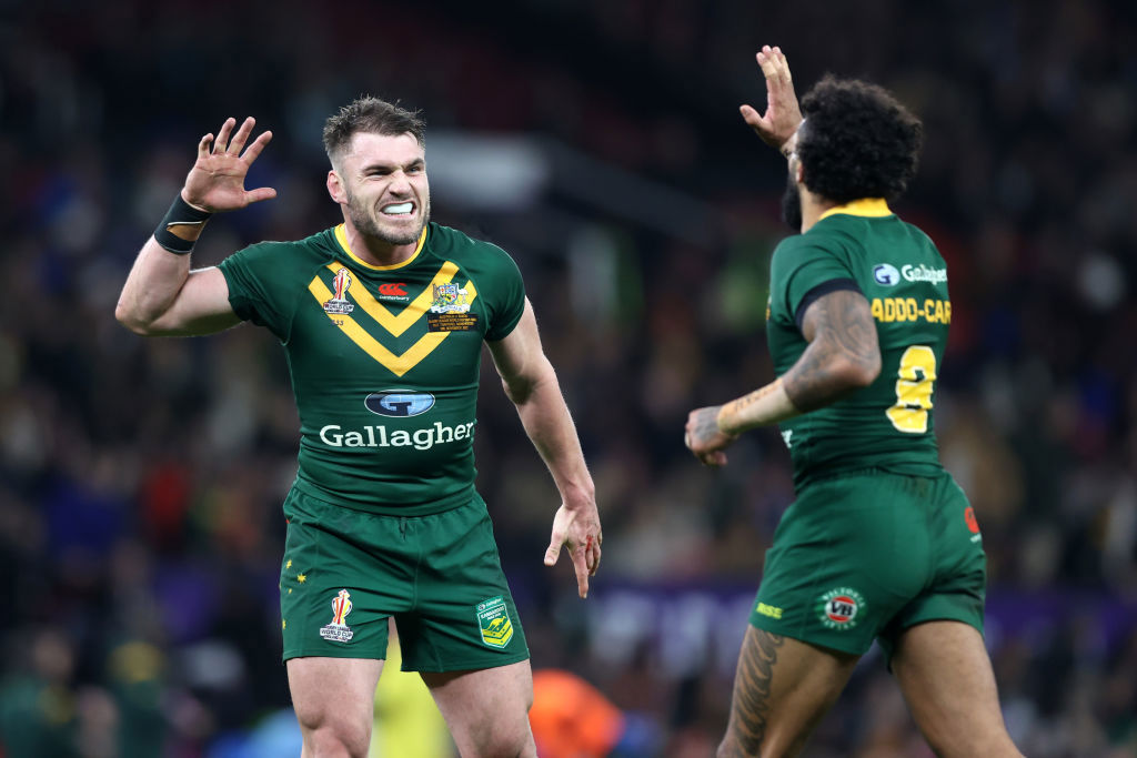 Josh Addo-Carr of Australia celebrates with teammate Angus Crichton after scoring.