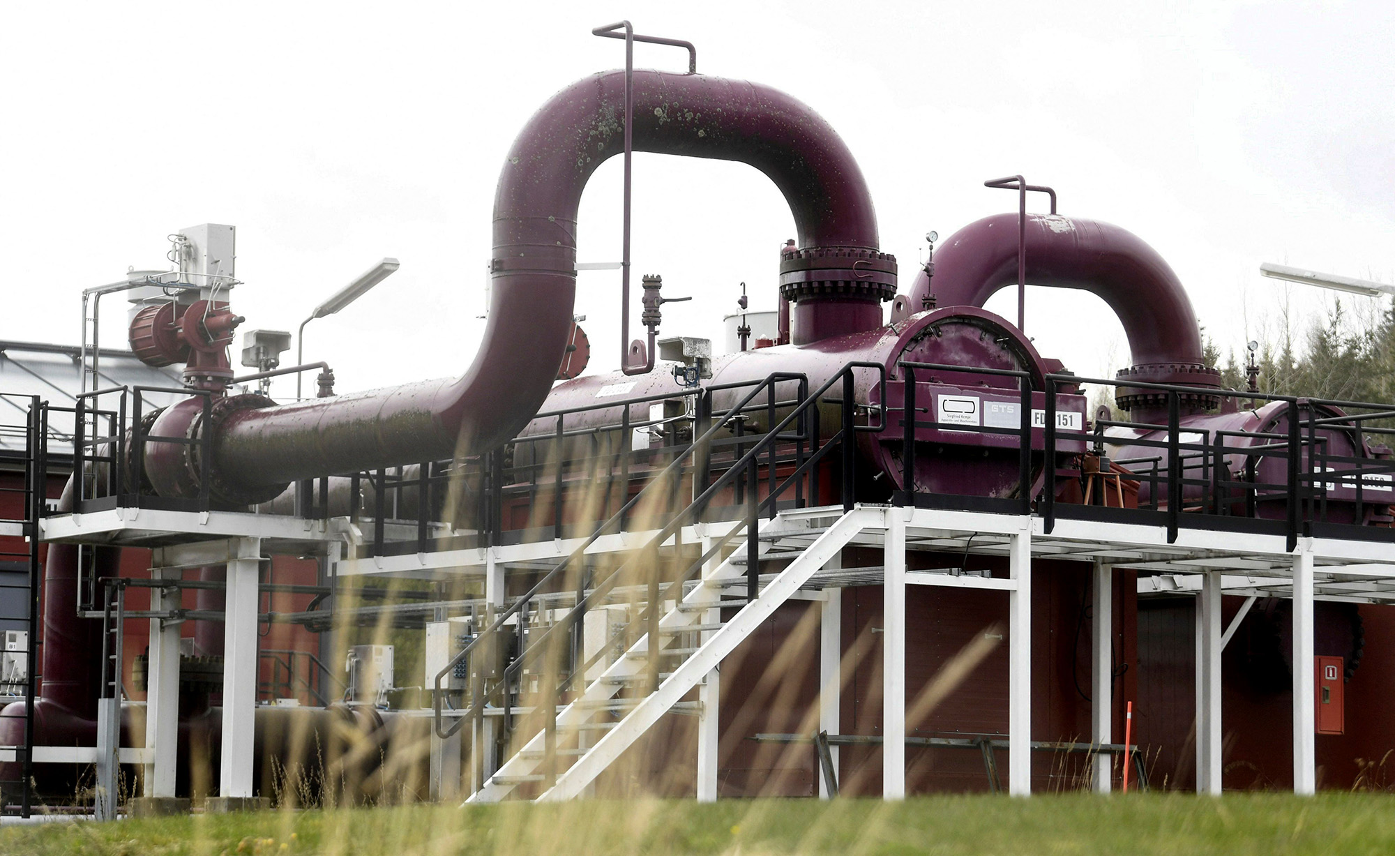 A photo taken on May 12, 2022 shows pipes at the Gasum plant in Raikkola, Imatra, Finland