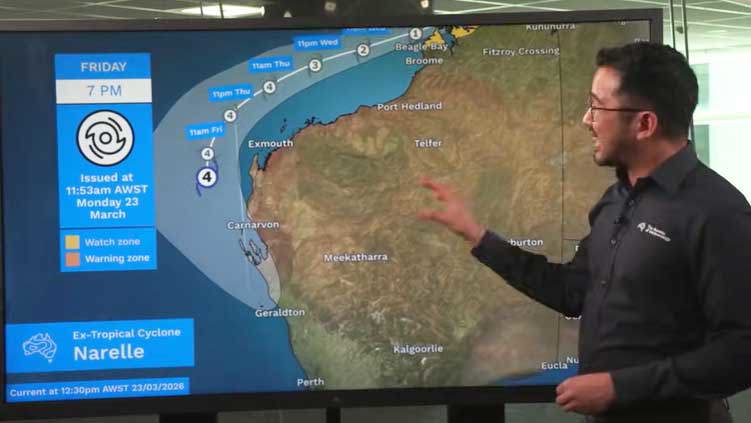 BoM meteorologist Jonathan How explains how Narelle could reach Perth, a rare event for a cyclone. 