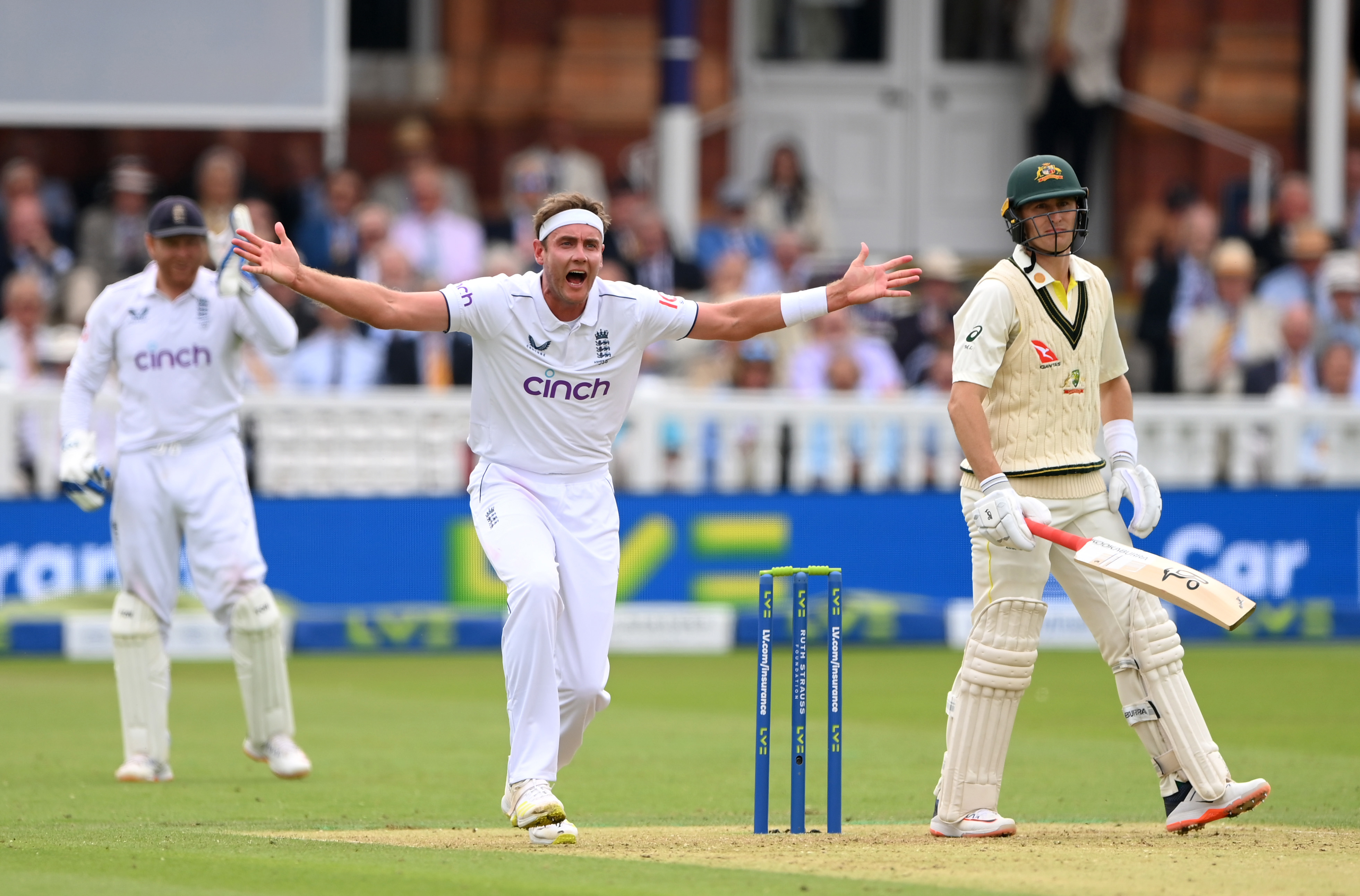 LONDON, ENGLAND - JUNE 28: Stuart Broad of England appeals in vain for the wicket of Marcus Labuschagne of Australia  during Day One of the LV= Insurance Ashes 2nd Test match between England and Australia at Lord's Cricket Ground on June 28, 2023 in London, England. (Photo by Stu Forster/Getty Images)