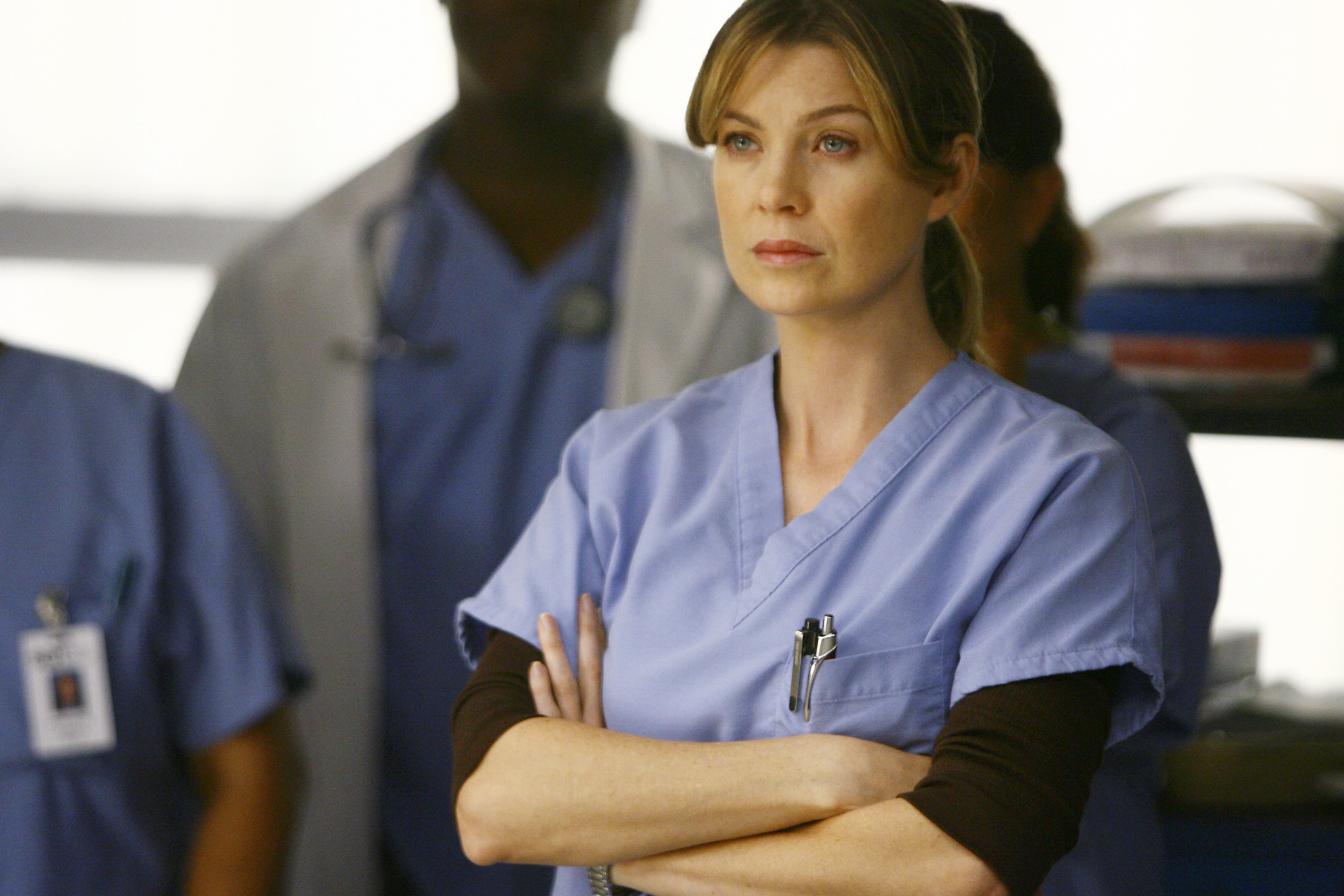 Ellen Pompeo as Dr Meredith Grey on Grey's Anatomy.