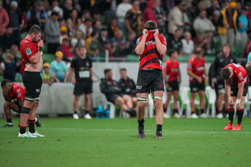 Scott Barrett of the Crusaders reacts after defeat.