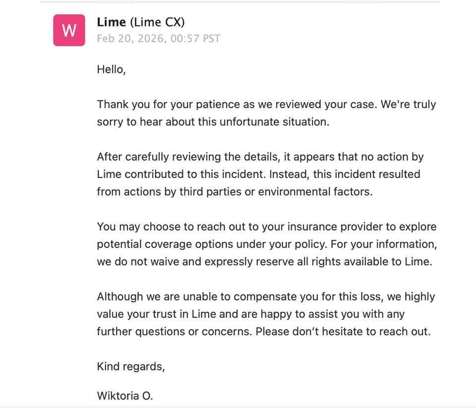 The driver posted a screenshot of the email Lime sent ﻿after the company reviewed their case.