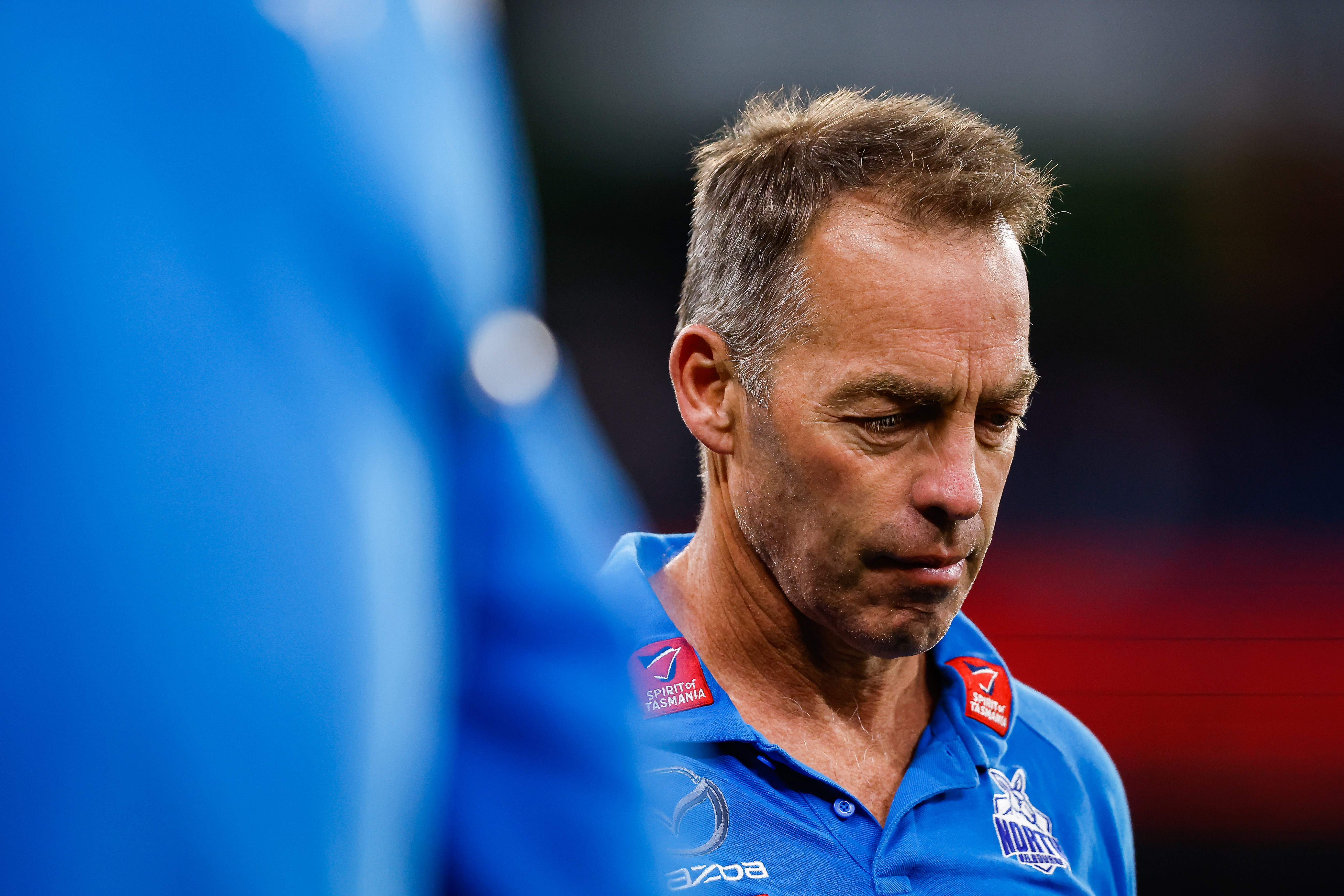 MELBOURNE, AUSTRALIA - APRIL 29: Alastair Clarkson, Senior Coach of the Kangaroos leaves the field at half time during the 2023 AFL Round 07 match between the Melbourne Demons and the North Melbourne Kangaroos at the Melbourne Cricket Ground on April 29, 2023 in Melbourne, Australia. (Photo by Dylan Burns/AFL Photos)