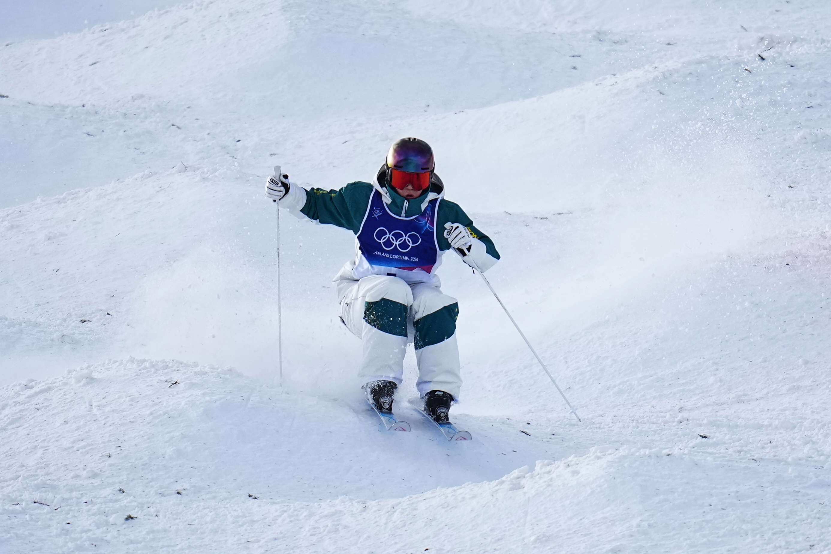 Australia's Jakara Anthony competes during the women's freestyle skiing moguls finals at the 2026 Winter Olympics, in Livigno, Italy, Wednesday, Feb. 11, 2026. (AP Photo/Gregory Bull)
