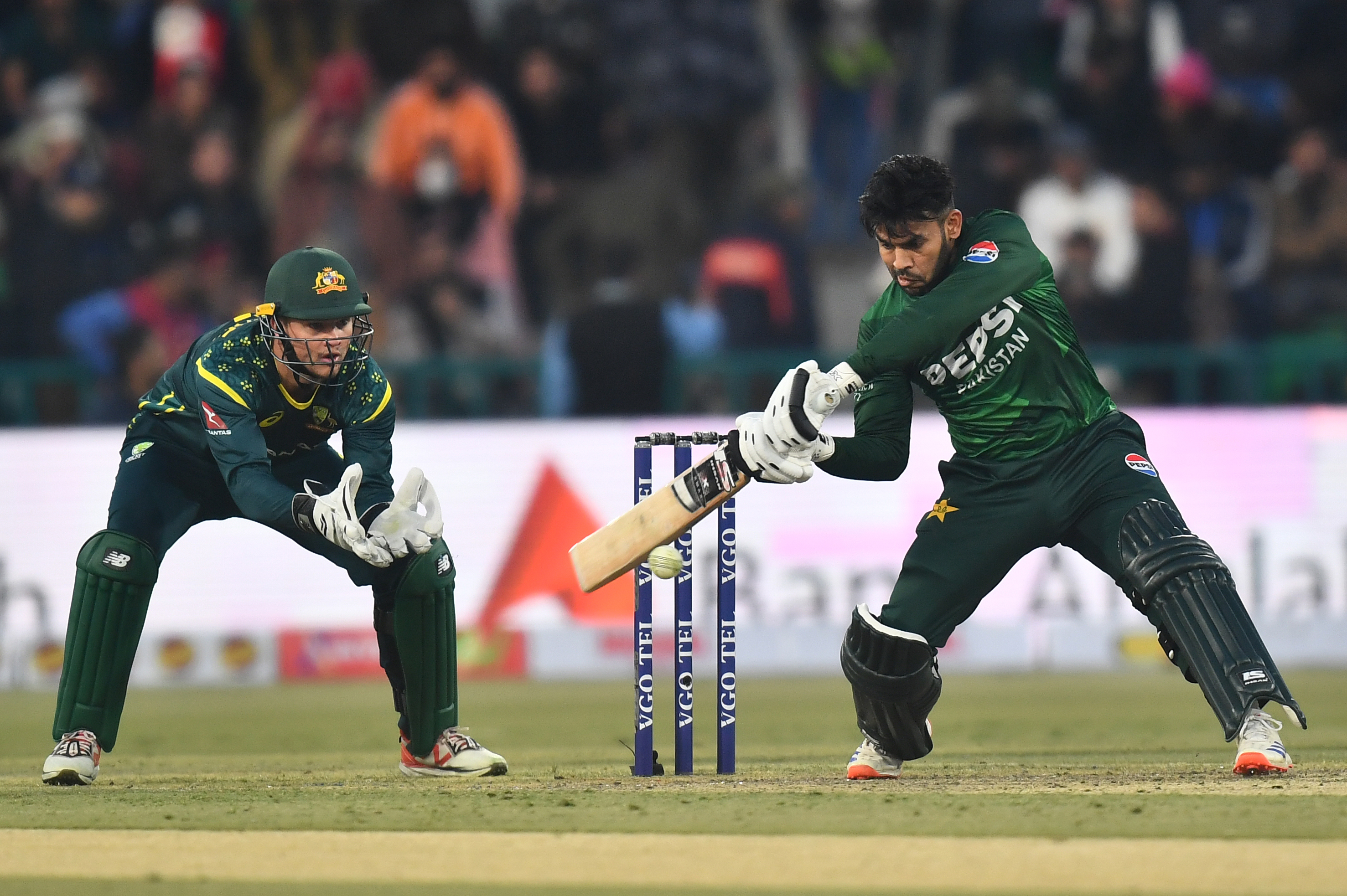 Usman Khan of Pakistan bats during the T20 International match between Pakistan and Australia at Gaddafi Stadium on January 29, 2026 in Lahore, Pakistan. (Photo by Sameer Ali/Getty Images)