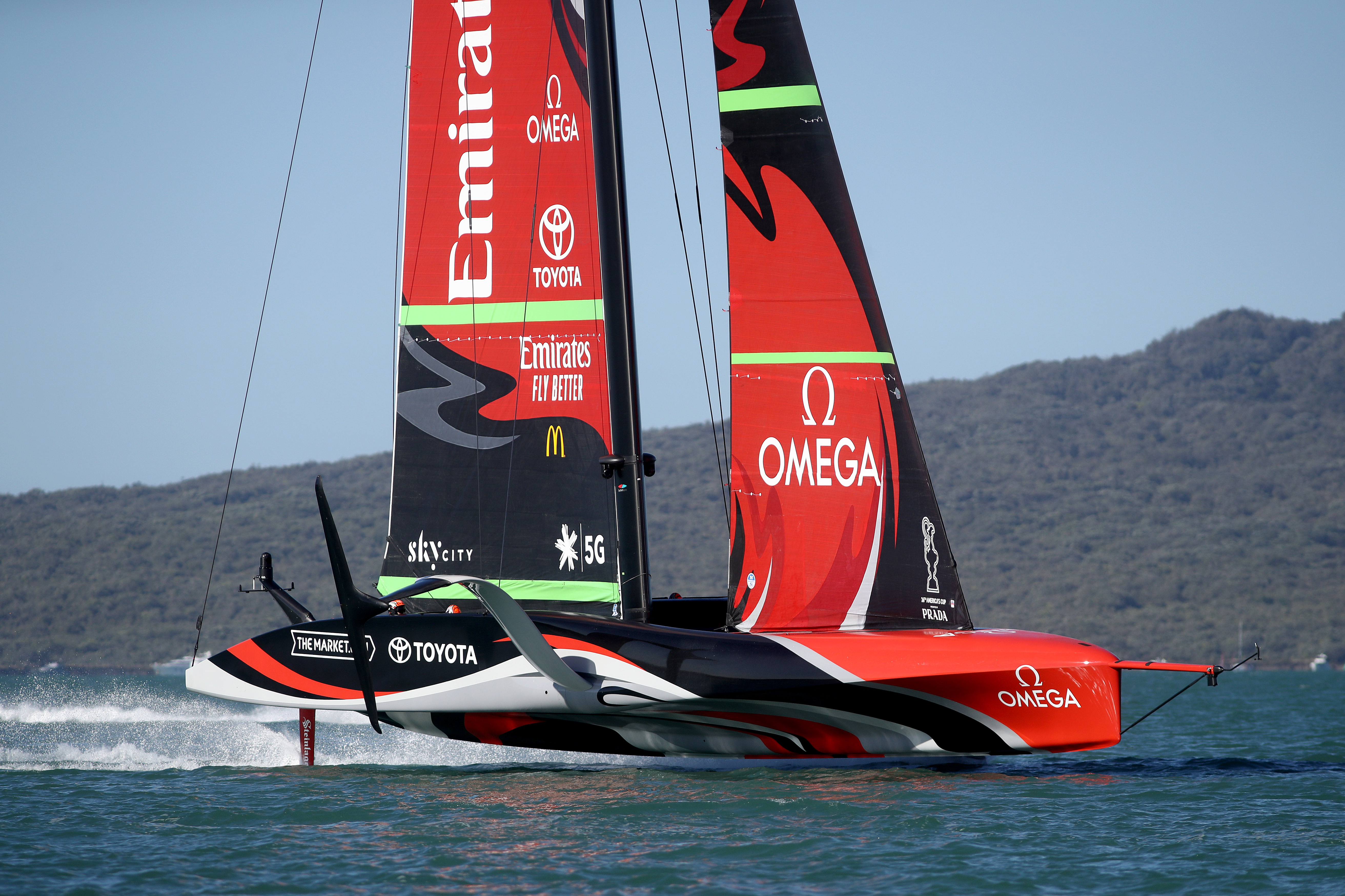 Team New Zealand skippered by Peter Burling on Auckland Harbour.