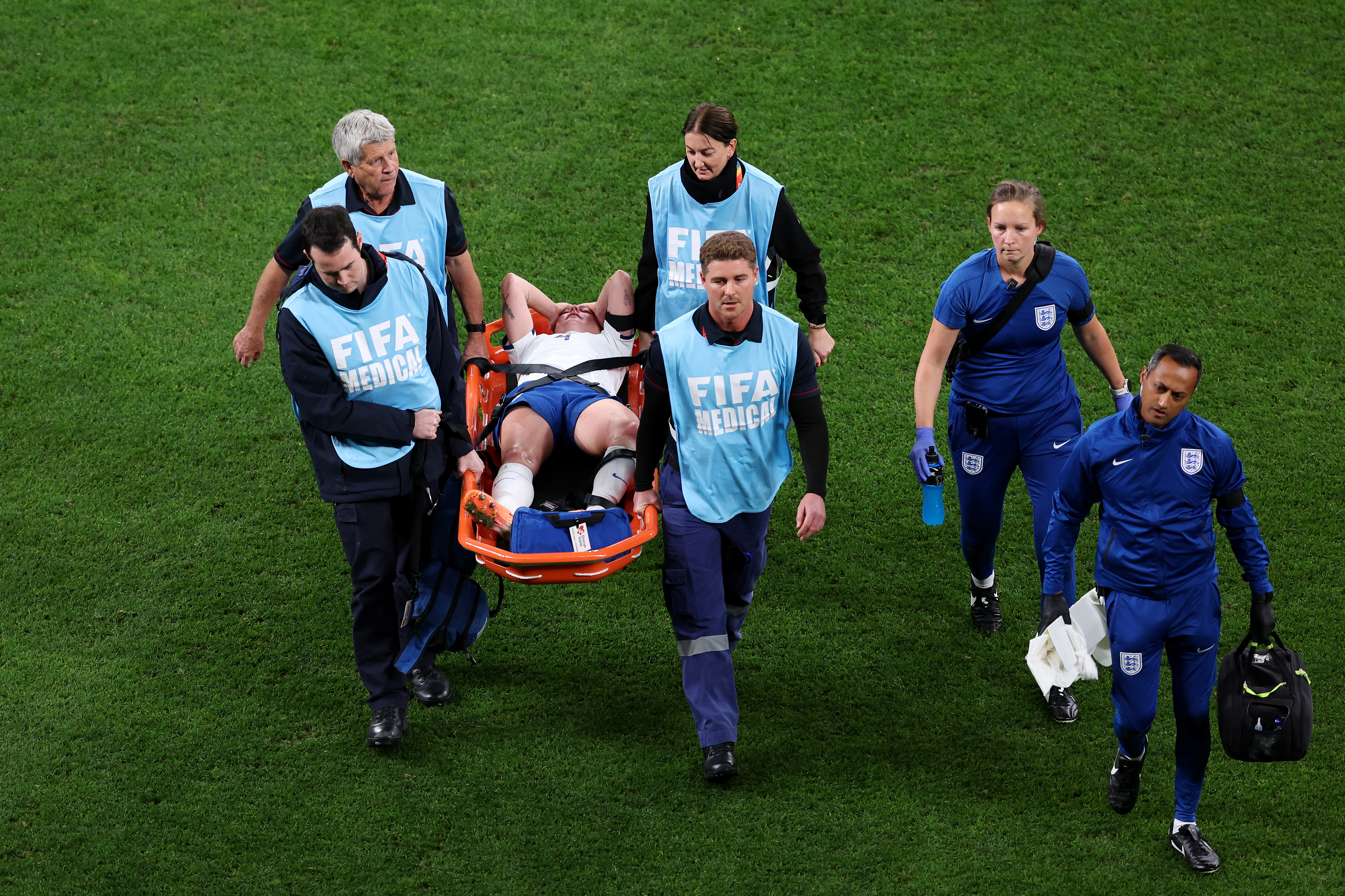 Keira Walsh of England is stretched off after an injury during the FIFA Women's World Cup Australia & New Zealand 2023 Group D match between England and Denmark at Sydney Football Stadium on July 28, 2023 in Sydney / Gadigal, Australia. (Photo by Matt King - FIFA/FIFA via Getty Images)