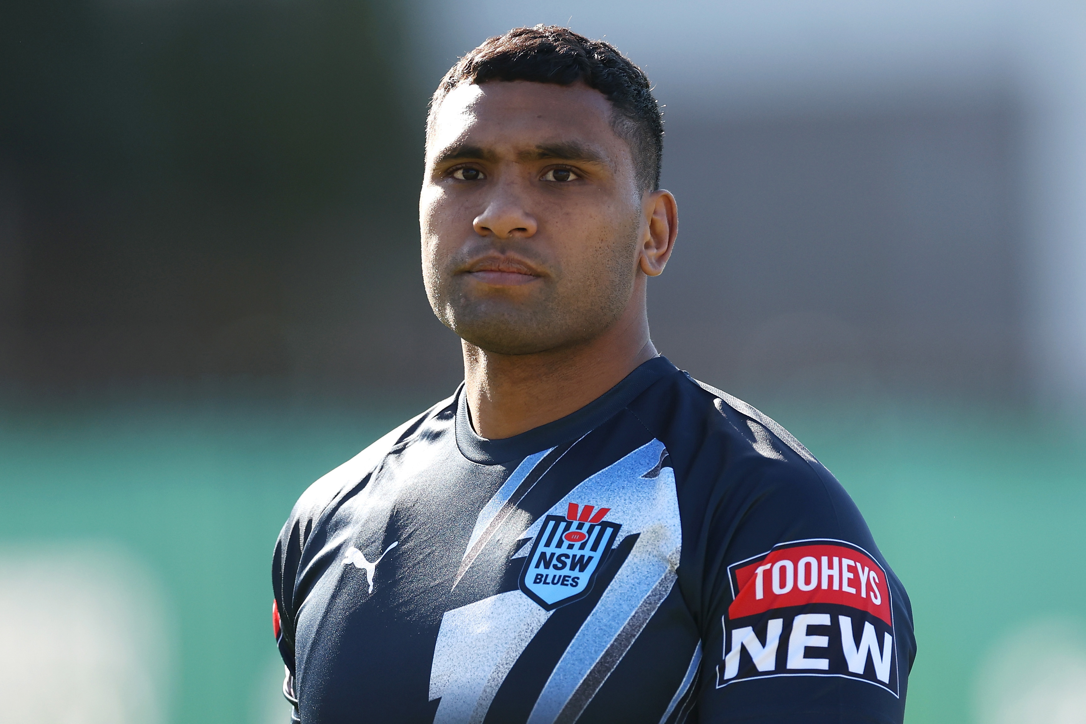 Tevita Pangai Junior looks on during a New South Wales Blues State of Origin training session at Coogee Oval.