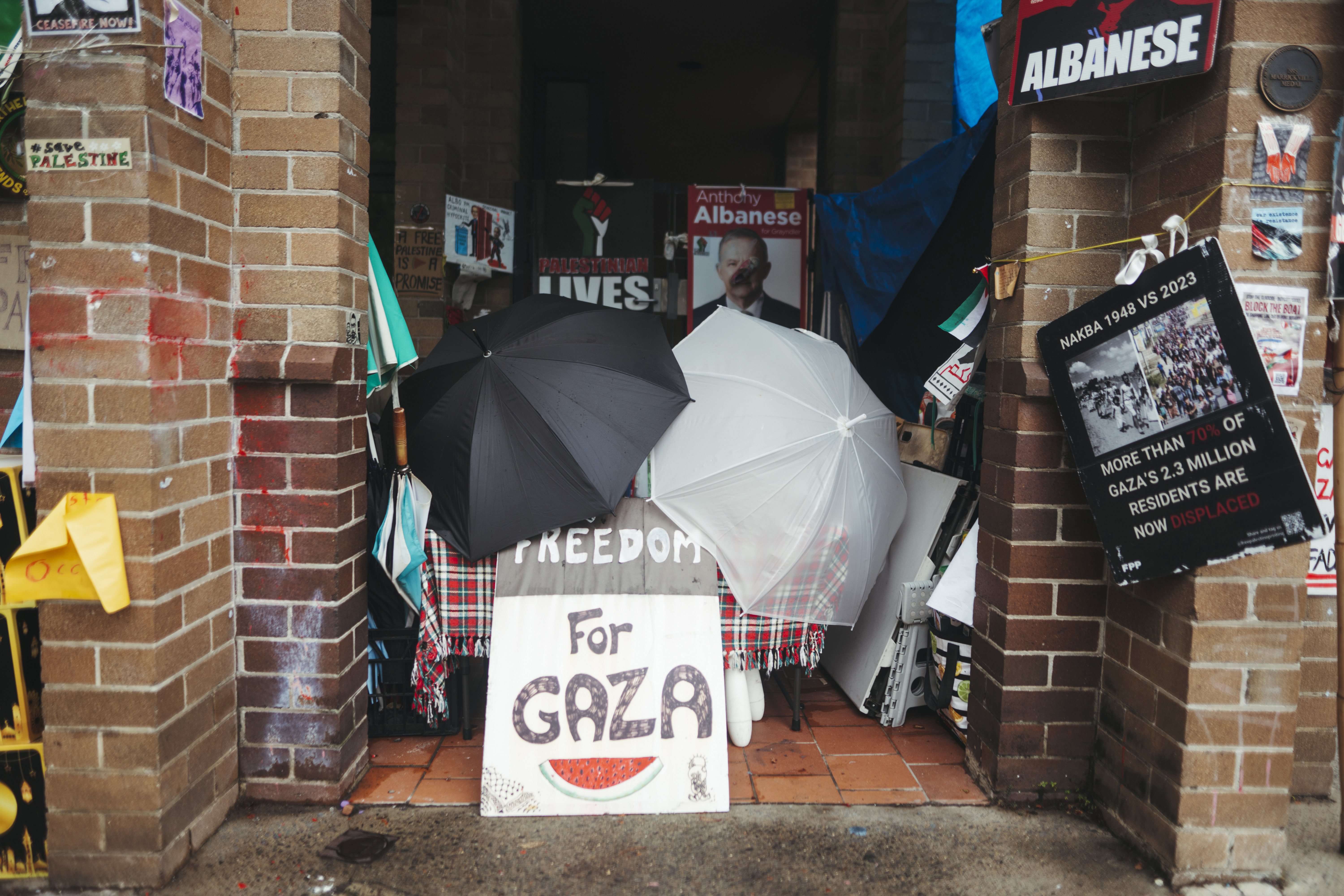 Pro-Palestine protesters have been camping out 24/7 outside Prime Minister Anthony Albanese's electorate office in Grandyler. There are reports that the majority of his staff are working from home/other locations, effectively closing his electorate office, Thursday 4th of April 2024.Photo: Dion Georgopoulos / The Sydney Morning Herald