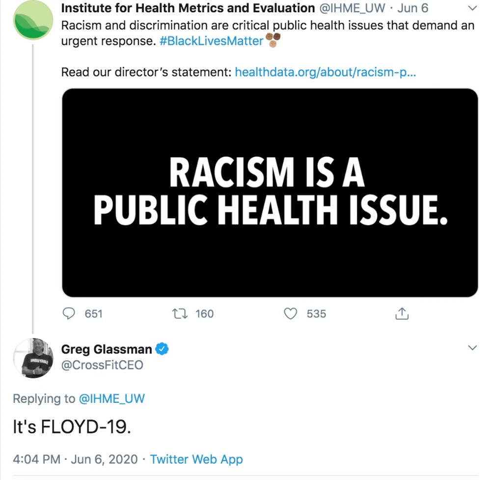 One of the tweets from CrossFit CEO Greg Glassman about George Floyd and the current Black Lives Matter protests happening around the country.