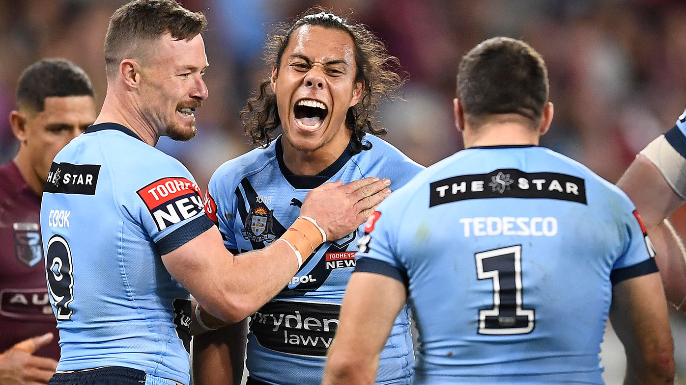 Jerome Luai of the Blues celebrates during game one of the 2021 State of Origin series between the New South Wales Blues and the Queensland Maroons at Queensland Country Bank Stadium on June 09, 2021 in Townsville, Australia. (Photo by Ian Hitchcock/Getty Images)