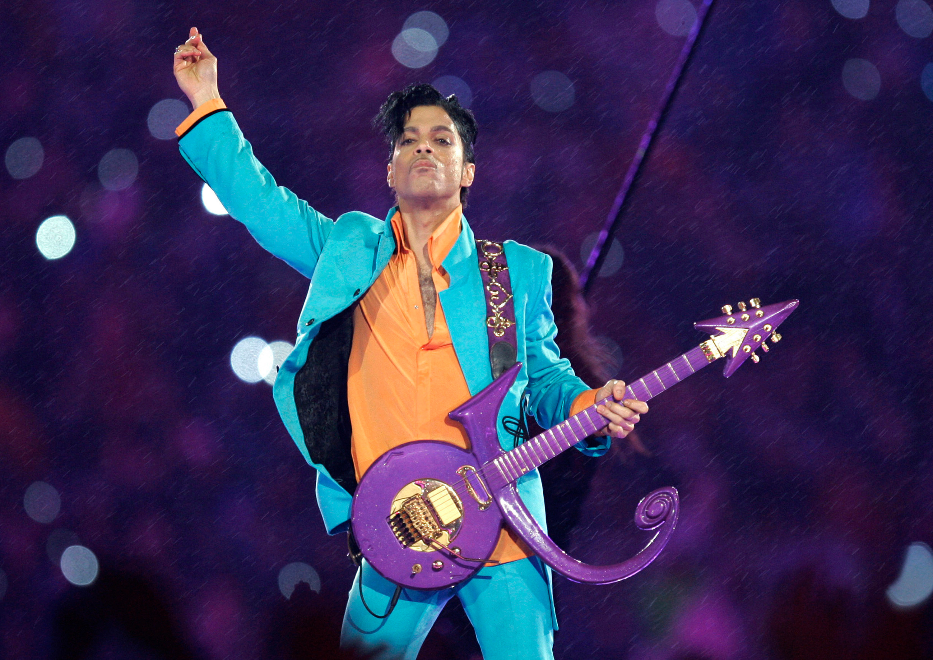 Prince performs during the halftime show at the Super Bowl XLI football game in Miami on Feb. 4, 2007.
