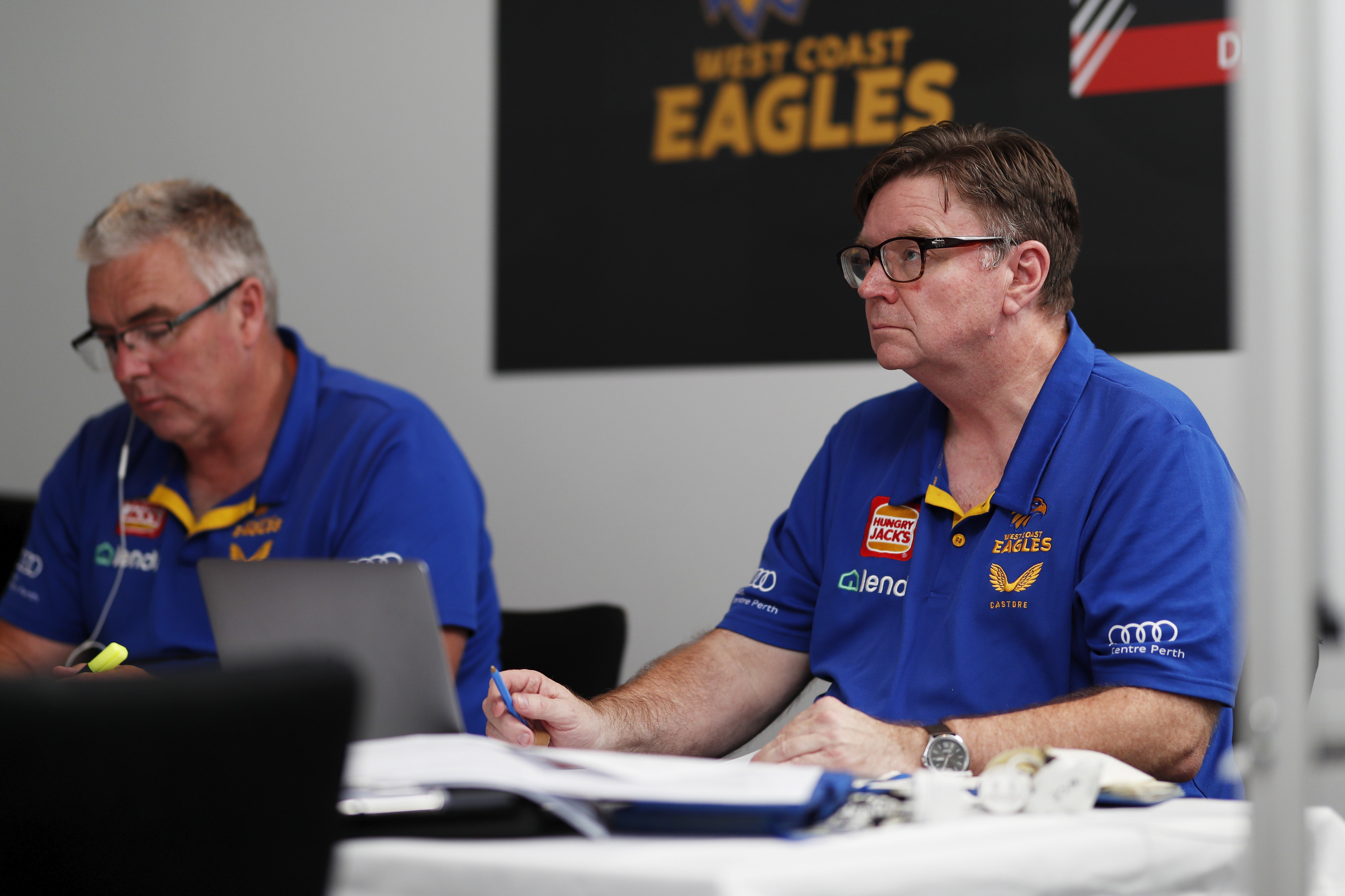 MELBOURNE, AUSTRALIA - OCTOBER 09: Rohan OBrien, Recruiting and List Manager of the Eagles speaks with media during the 2023 Continental Tyres AFL Trade Period at Marvel Stadium on October 09, 2023 in Melbourne, Australia. (Photo by Michael Willson/AFL Photos via Getty Images)