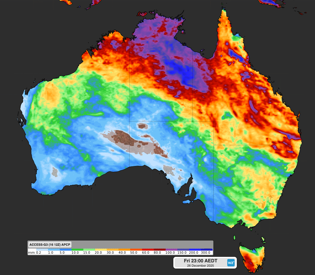 Forecast accumulated rain during the 10 days ending at 11pm AEDT on December 26, 2025, according to the ECMWF model.