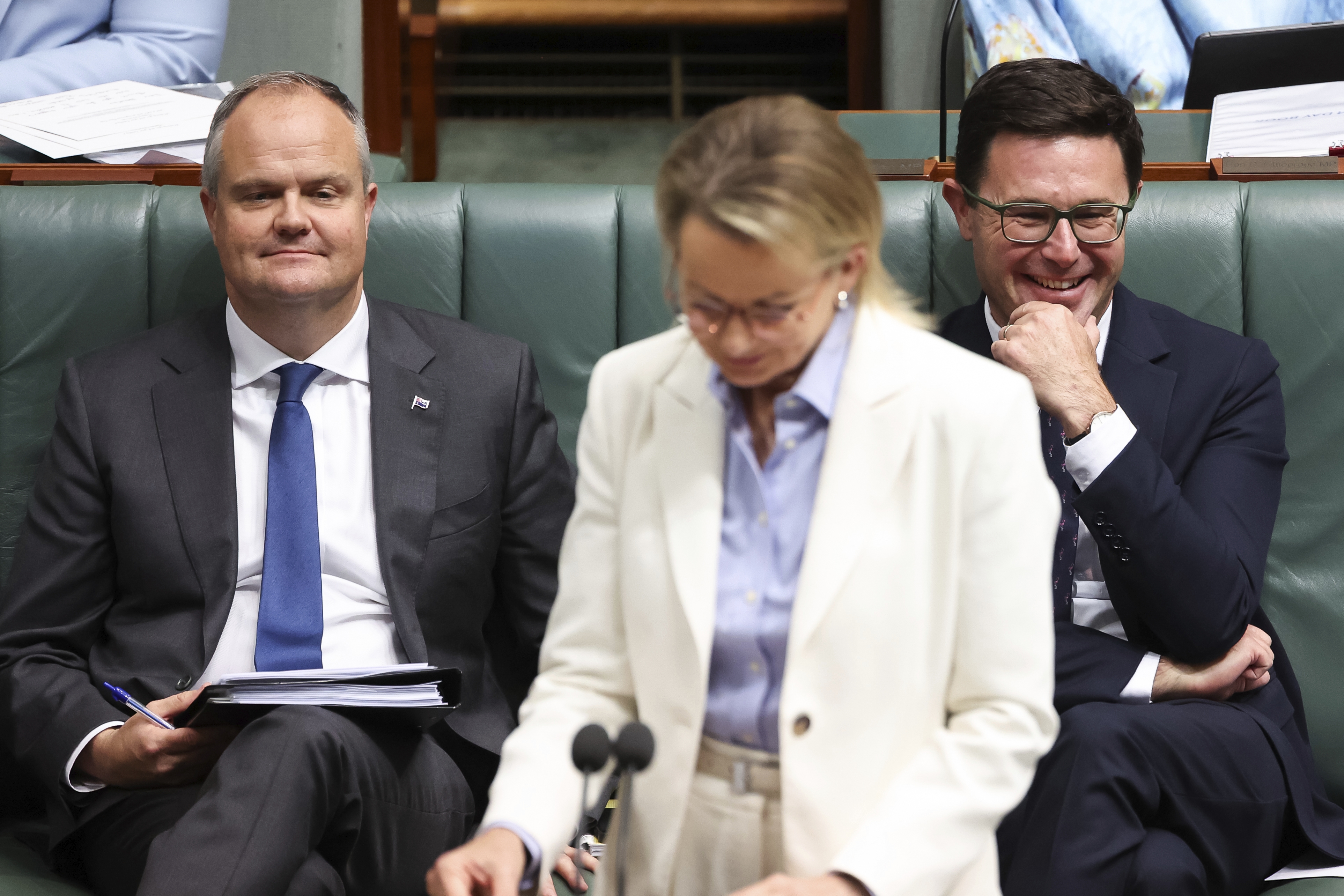Shadow Treasurer Ted O'Brien, Opposition leader Sussan Ley and Nationals leader David Littleproud during Question Time at Parliament House in Canberra on Tuesday 25 November 2025.