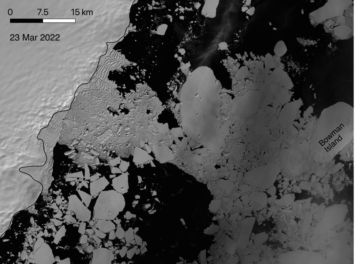 The Conger Ice Shelf in East Antarctica completely collapsed on/around March 15, 2022. This image was captured using Landsat 8 satellite data on March 23, 2022