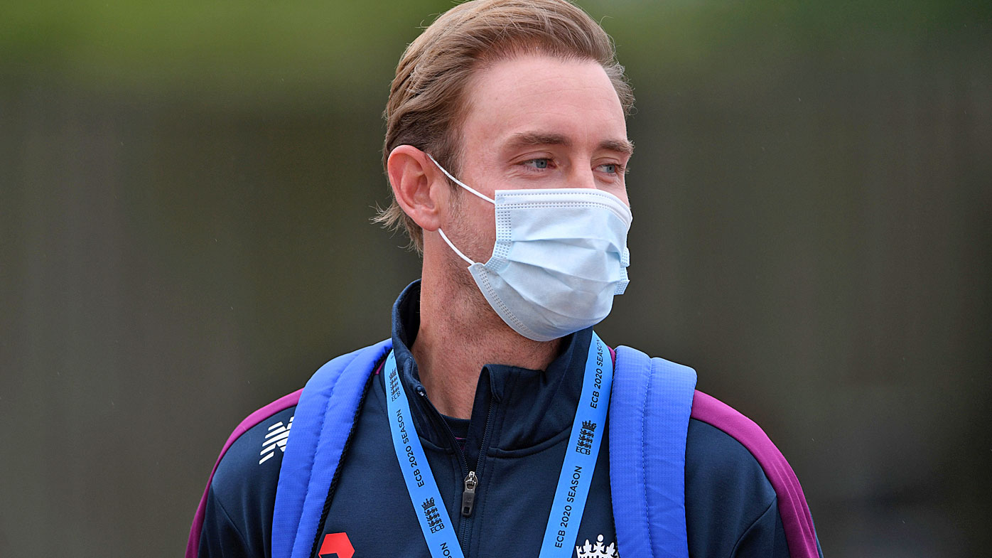 England's Stuart Broad wears a face mask as a precaution against the coronavirus 