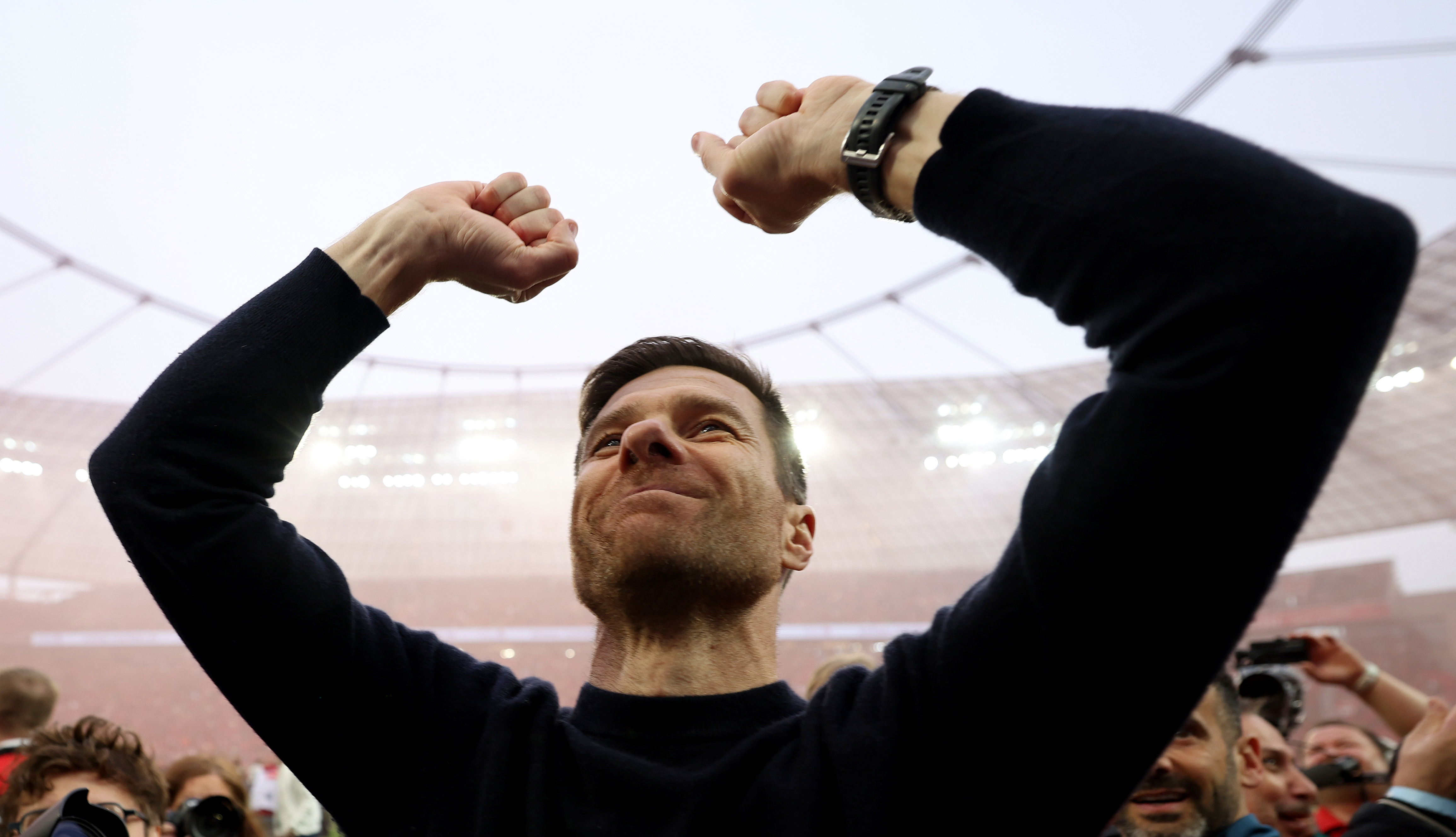 Xabi Alonso of Bayer Leverkusen celebrates at BayArena in Leverkusen.
