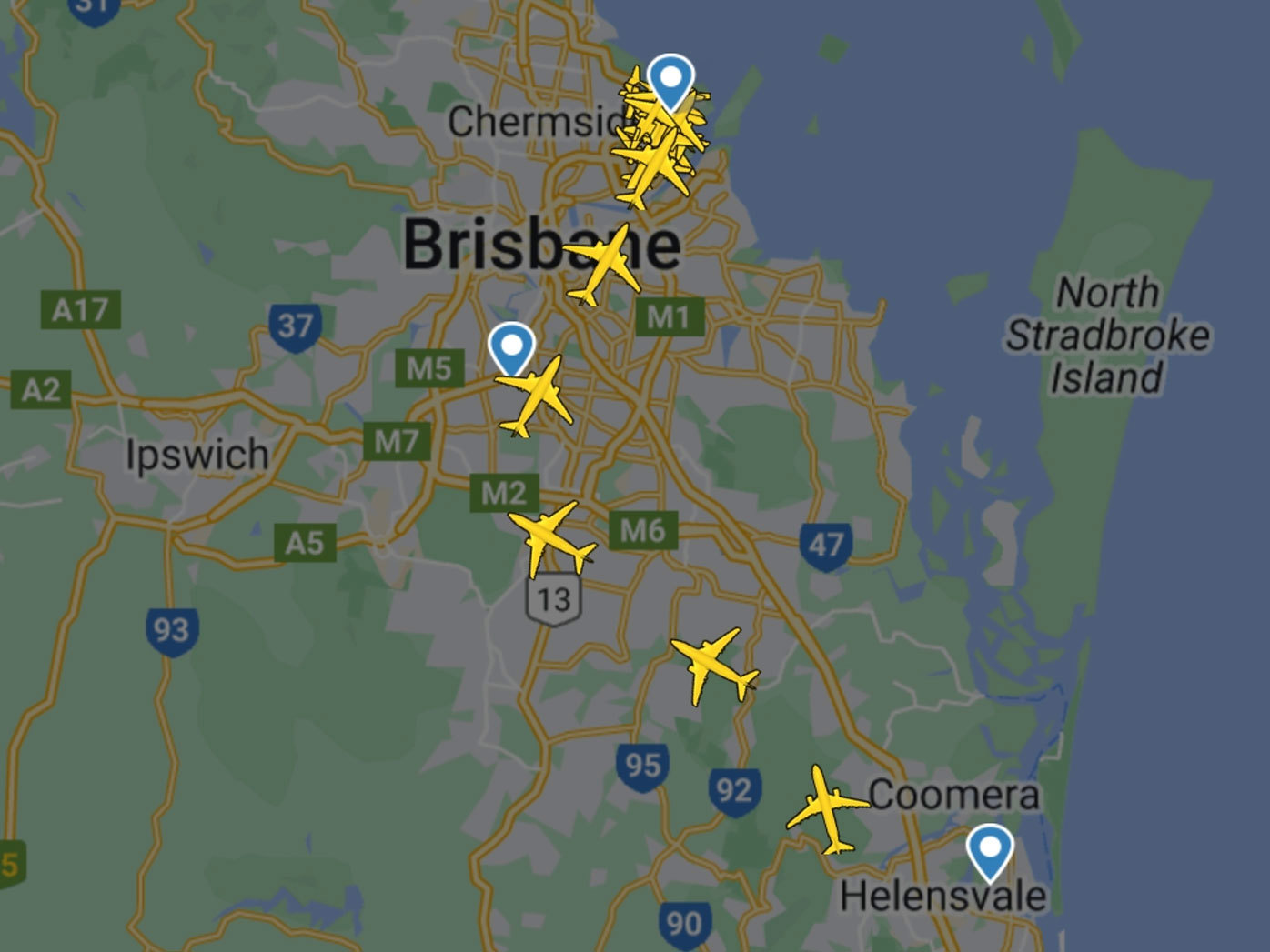 A flight radar tracker shows planes taking off and landing at Brisbane Airport, which has no curfew.