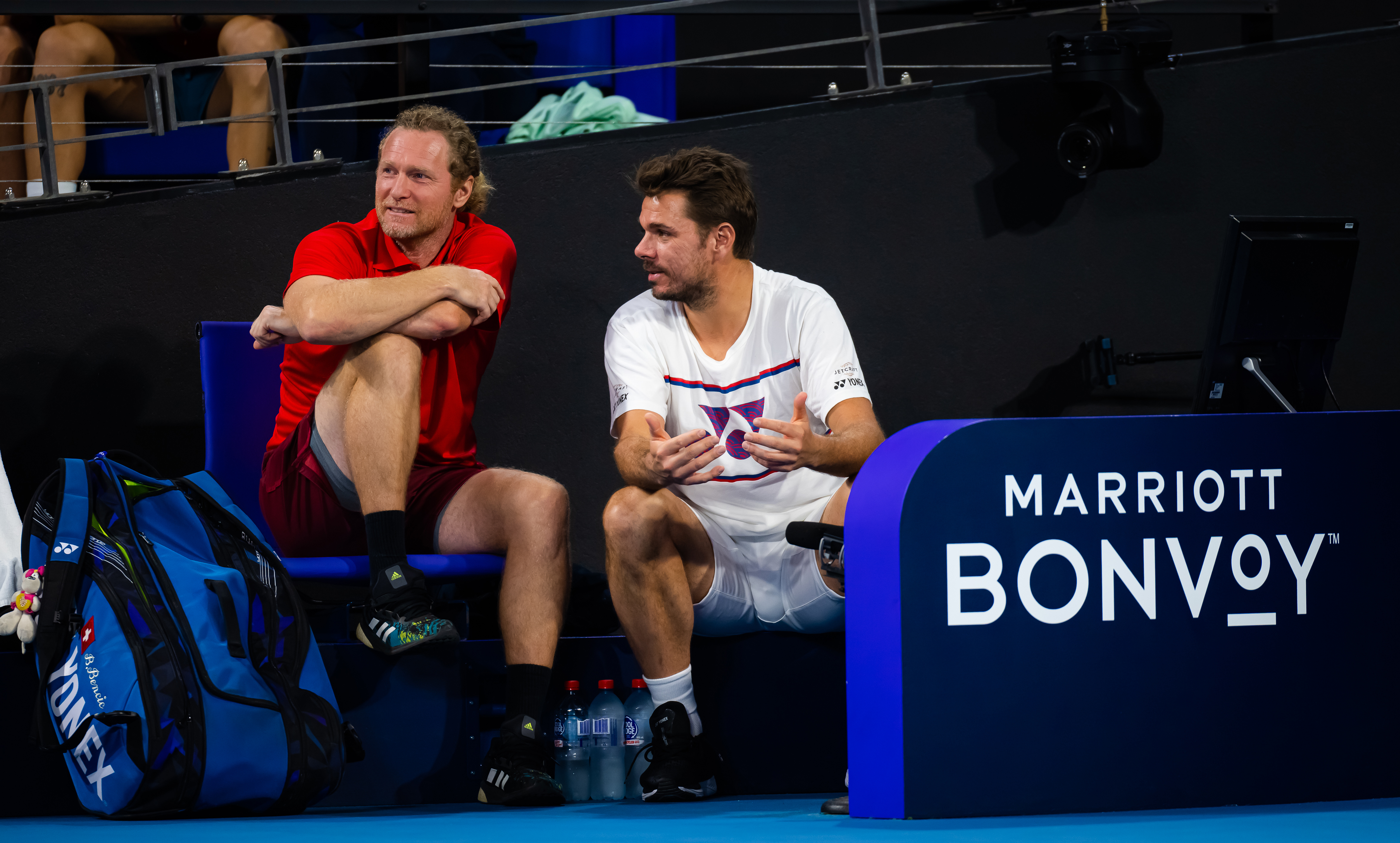 Dmitry Tursunov (left) with Stan Wawrinka during the United Cup at Pat Rafter Arena.