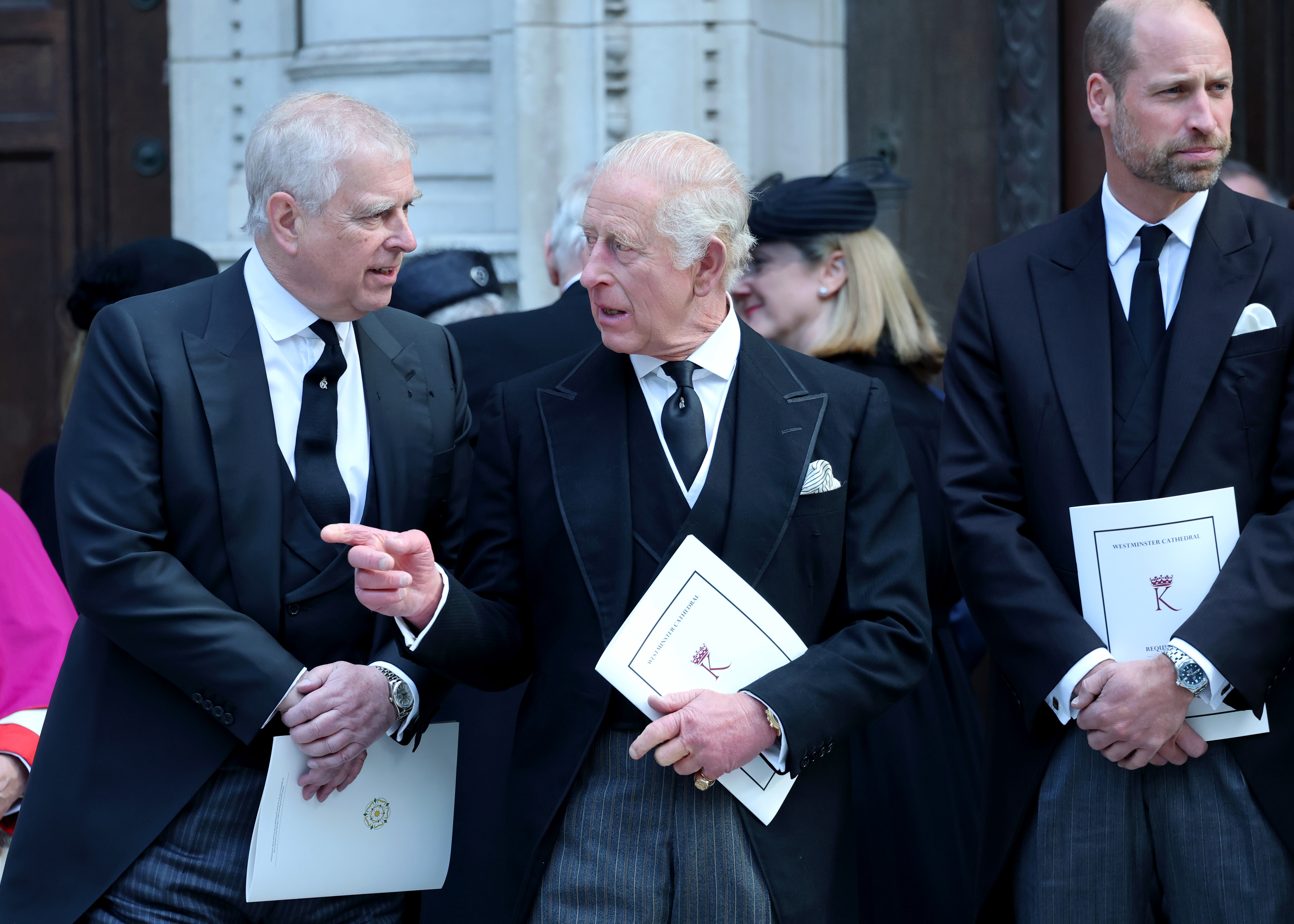 LONDON, ENGLAND - SEPTEMBER 16: Prince Andrew, Duke of York, King Charles III and Prince William, Prince of Wales attend the Funeral of the Duchess of Kent at Westminster Cathedral on September 16, 2025 in London, England. Katharine, Duchess of Kent was married to Prince Edward, Duke of Kent, the first cousin of Queen Elizabeth II. She died on September 4 at the age of 92 at Kensington Palace surrounded by her family. Having converted to Catholicism in 1994, her funeral takes place at Westminste