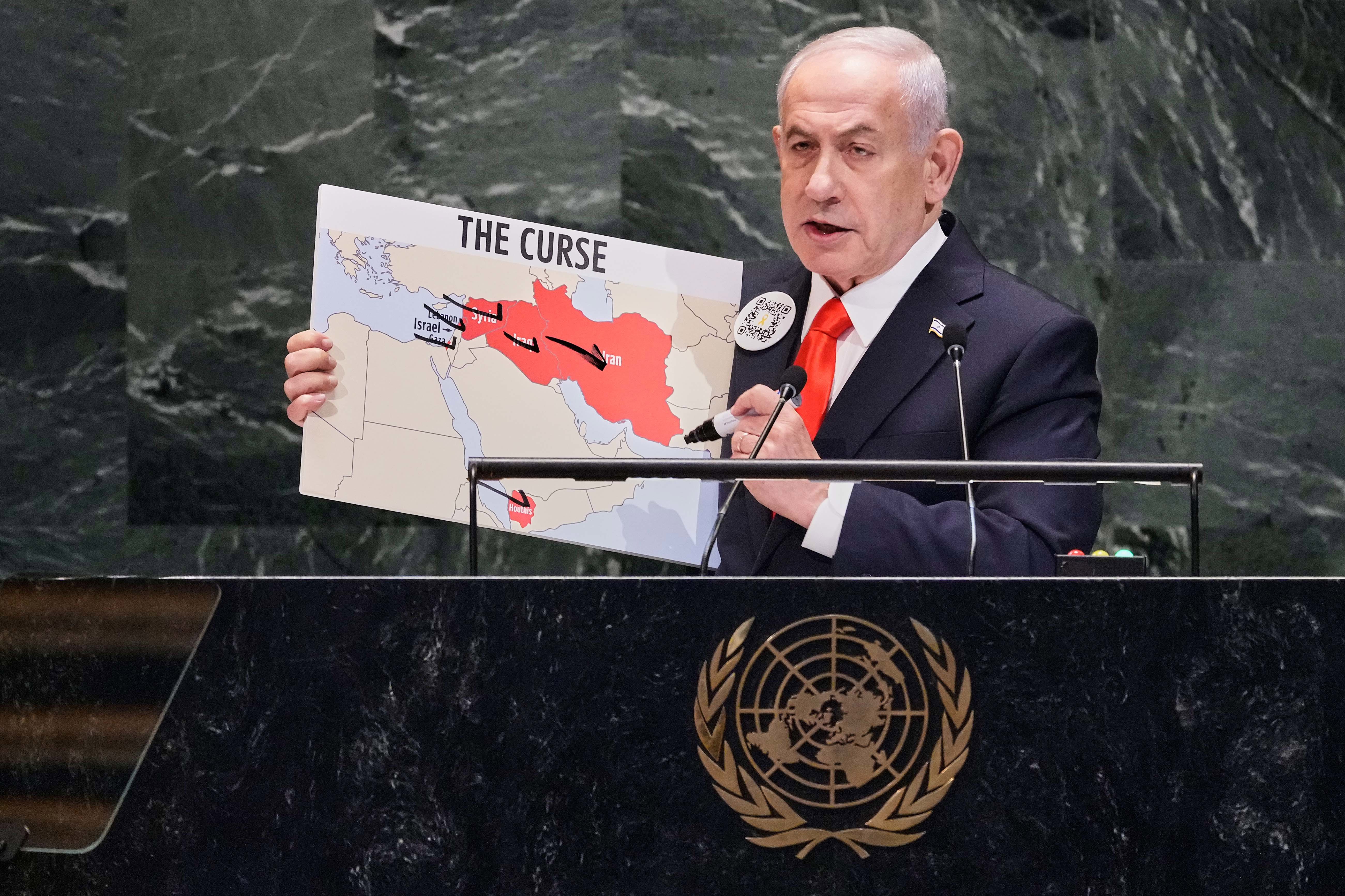 Israel Prime Minister Benjamin Netanyahu addresses the 80th session of the United Nations General Assembly.