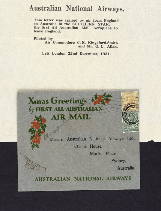 The first Christmas card sent by airmail from England to Australia.